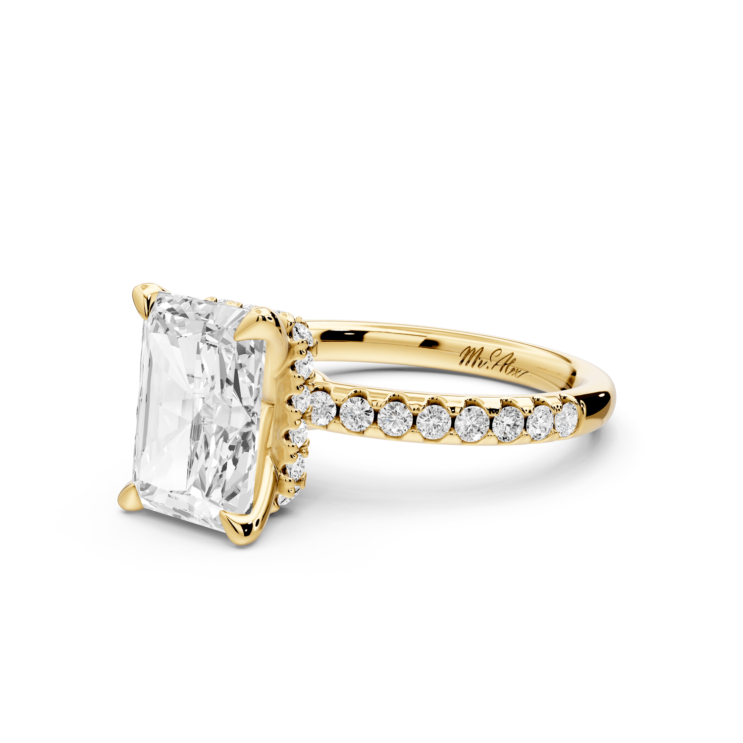 Arina - 3ct 18k yellow gold radiant Diamond with a wrap around halo and pavé engagement ring - Mr. Alex Jewelry