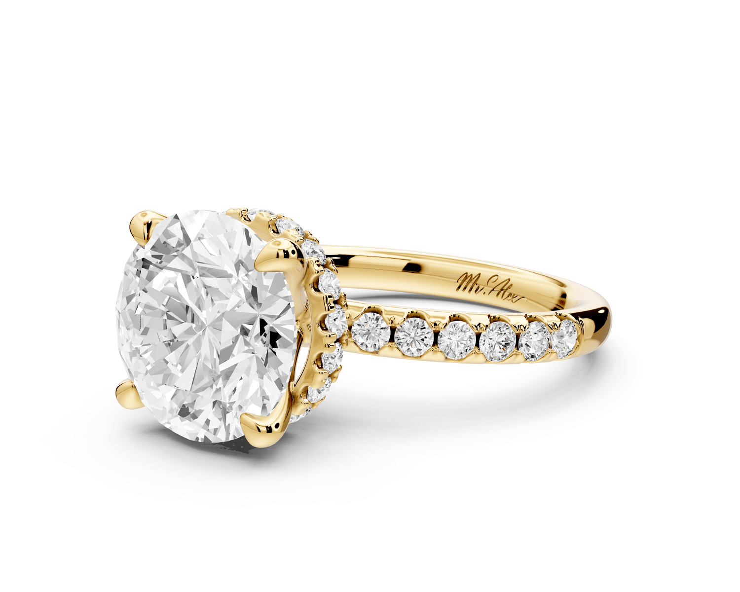 Arina - 3ct 18k yellow gold round Diamond with a wrap around halo and pavé engagment ring - Mr. Alex Jewelry