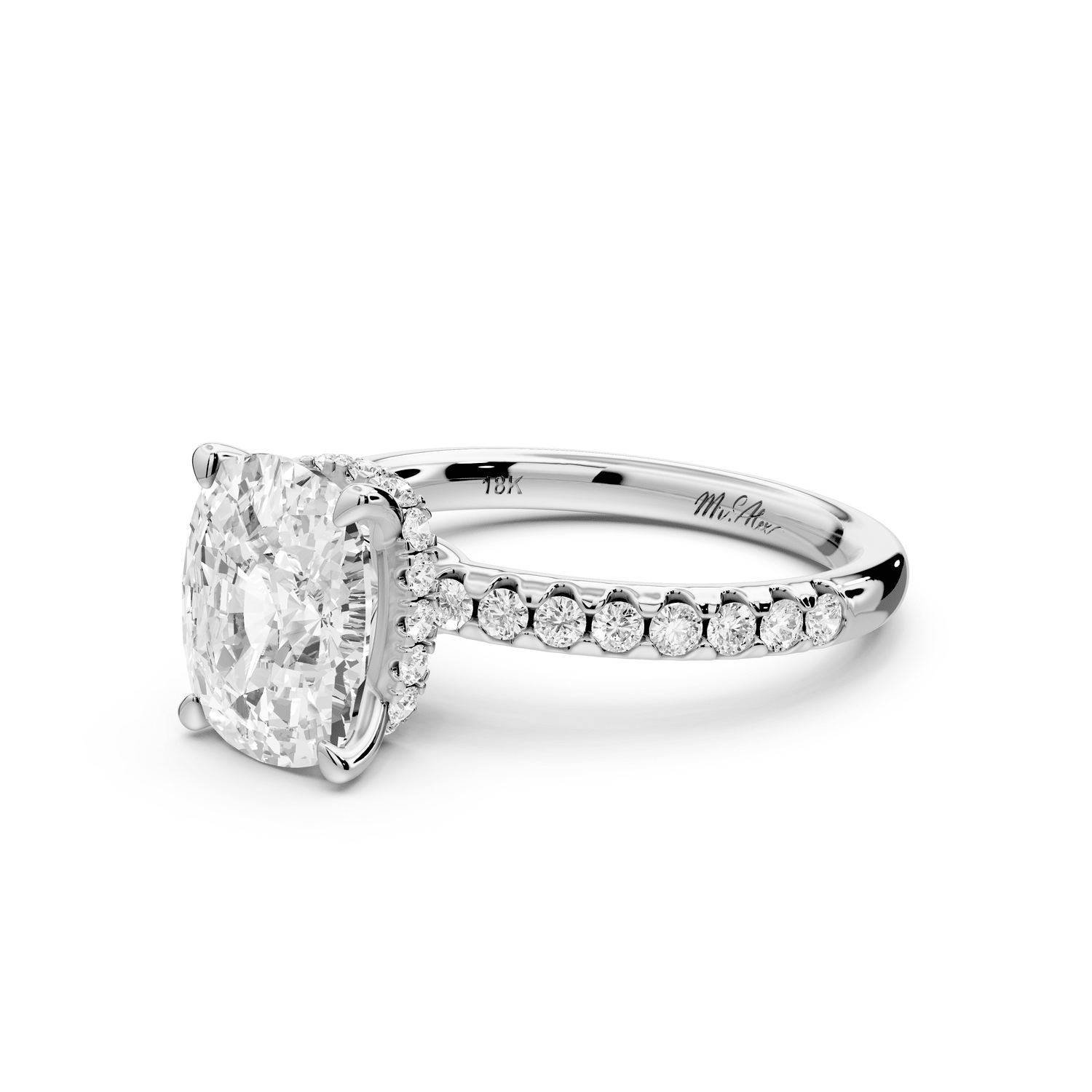 Arina - 3ct platinum ecushion Diamond with a wrap around halo and pavé engagement ring - Mr. Alex Jewelry