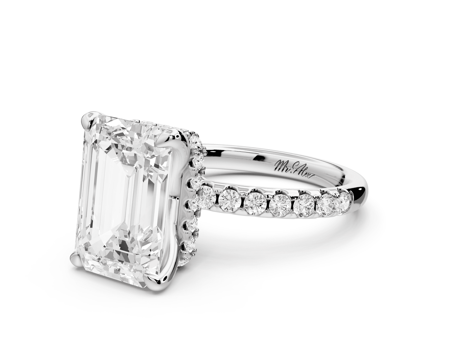 Arina - 3ct platinum emerald Diamond with a wrap around halo and pavé Engagement ring - Mr. Alex Jewelry