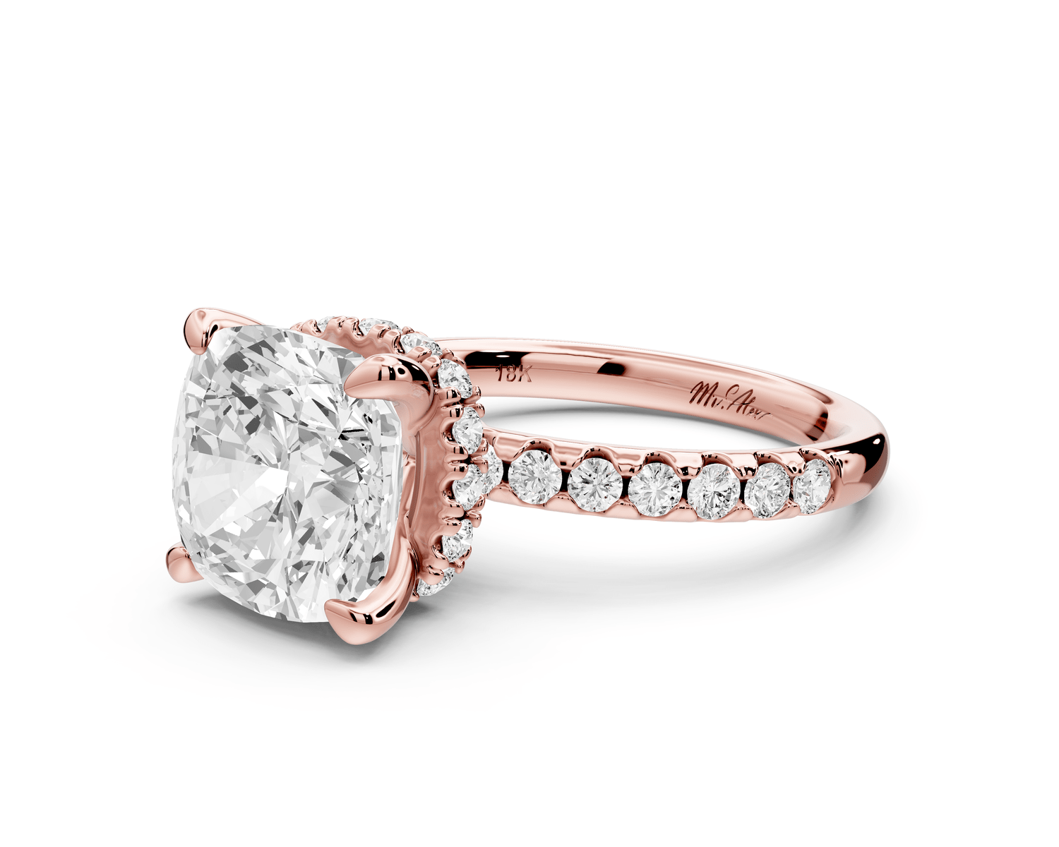 Arina - 4ct 14k rose gold cushion Diamond with a wrap around halo and pavé engagement ring - Mr. Alex Jewelry
