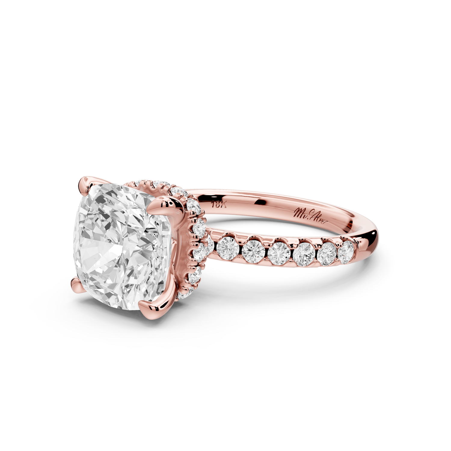 Arina - 4ct 14k rose gold cushion Diamond with a wrap around halo and pavé engagement ring - Mr. Alex Jewelry