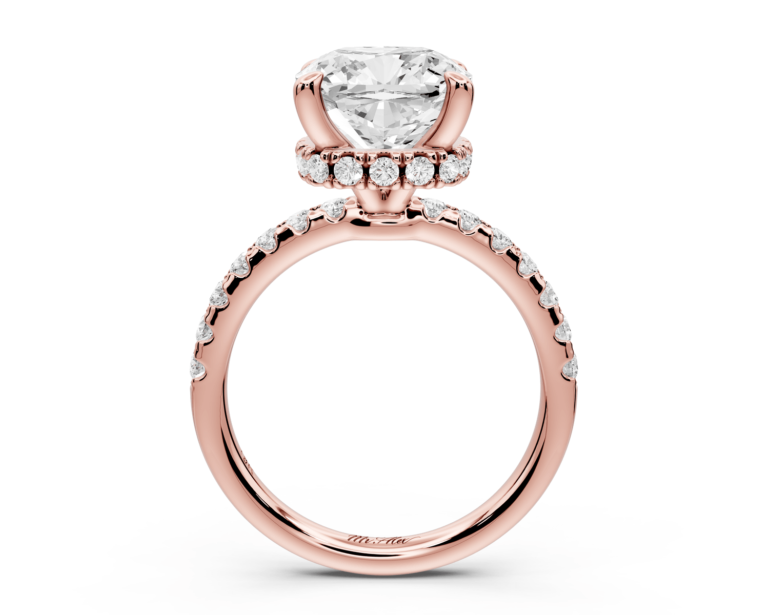 Arina - 4ct 14k rose gold cushion Diamond with a wrap around halo and pavé engagement ring - Mr. Alex Jewelry