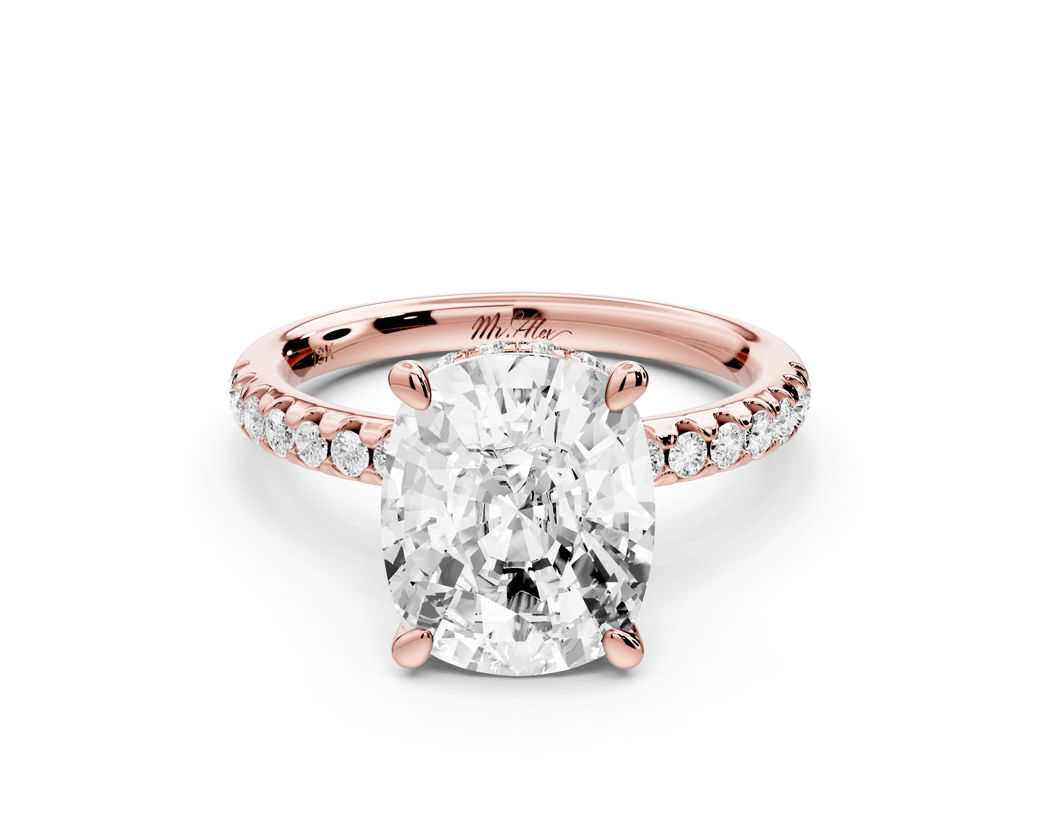 Arina - 4ct 14k rose gold ecushion Diamond with a wrap around halo and pavé engagement ring - Mr. Alex Jewelry