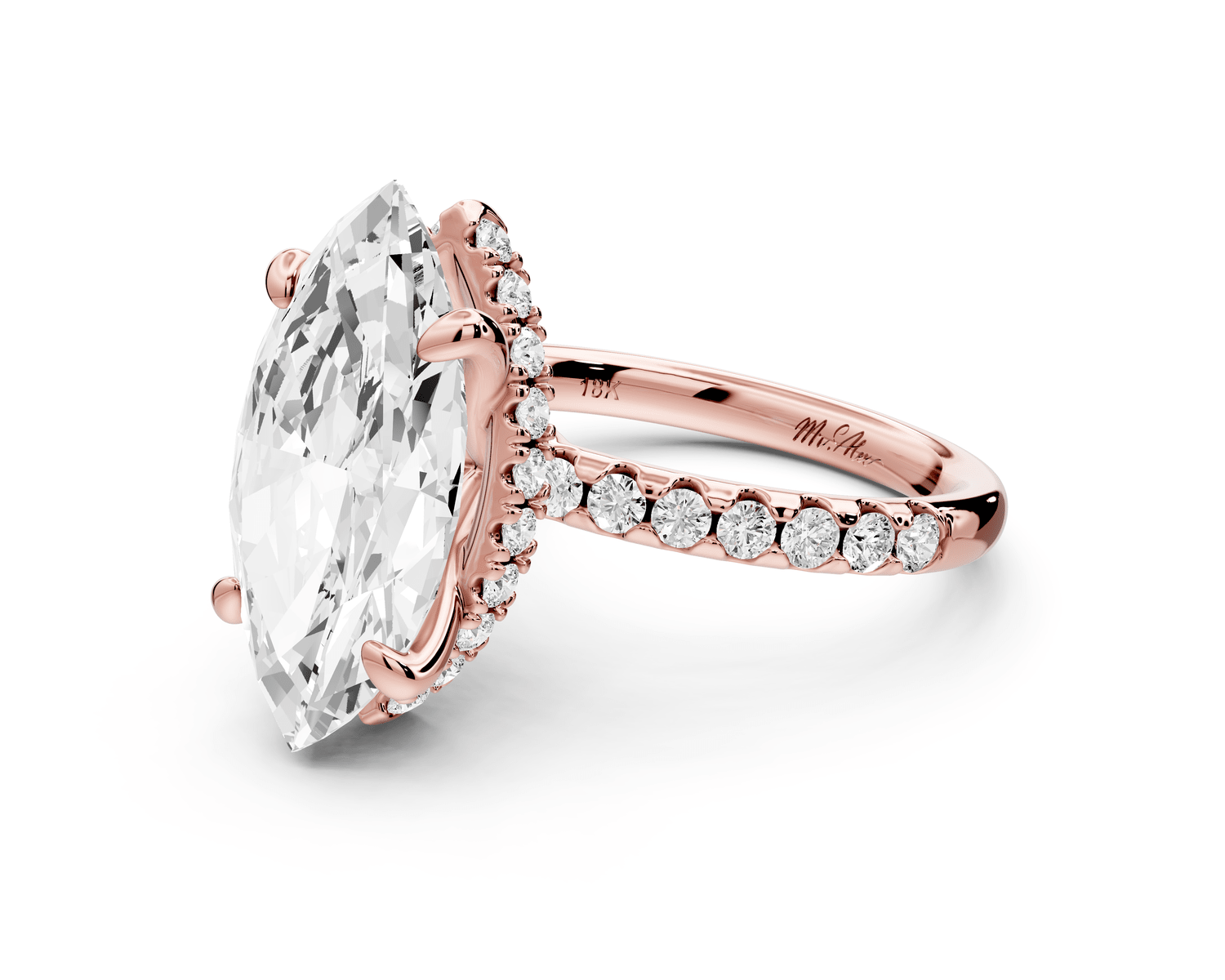 Arina - 4ct 14k rose gold marquise Diamond with a wrap around halo and pavé engagement ring - Mr. Alex Jewelry