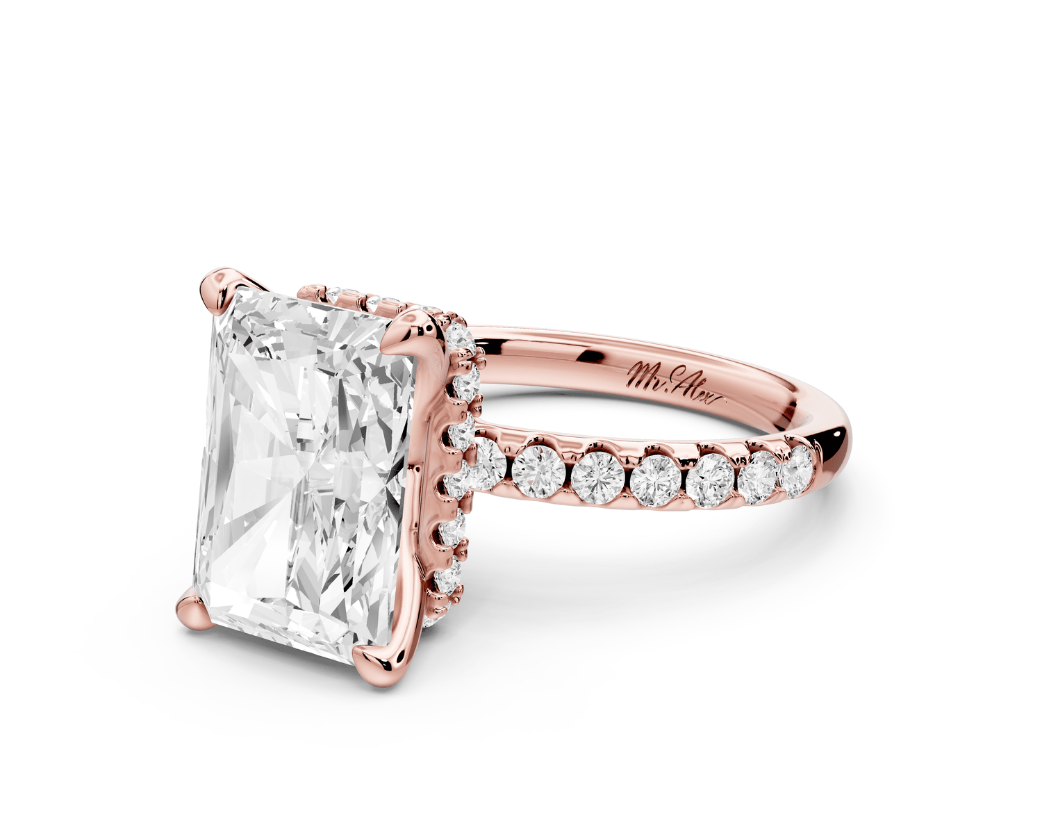 Arina - 4ct 14k rose gold radiant Diamond with a wrap around halo and pavé engagement ring - Mr. Alex Jewelry