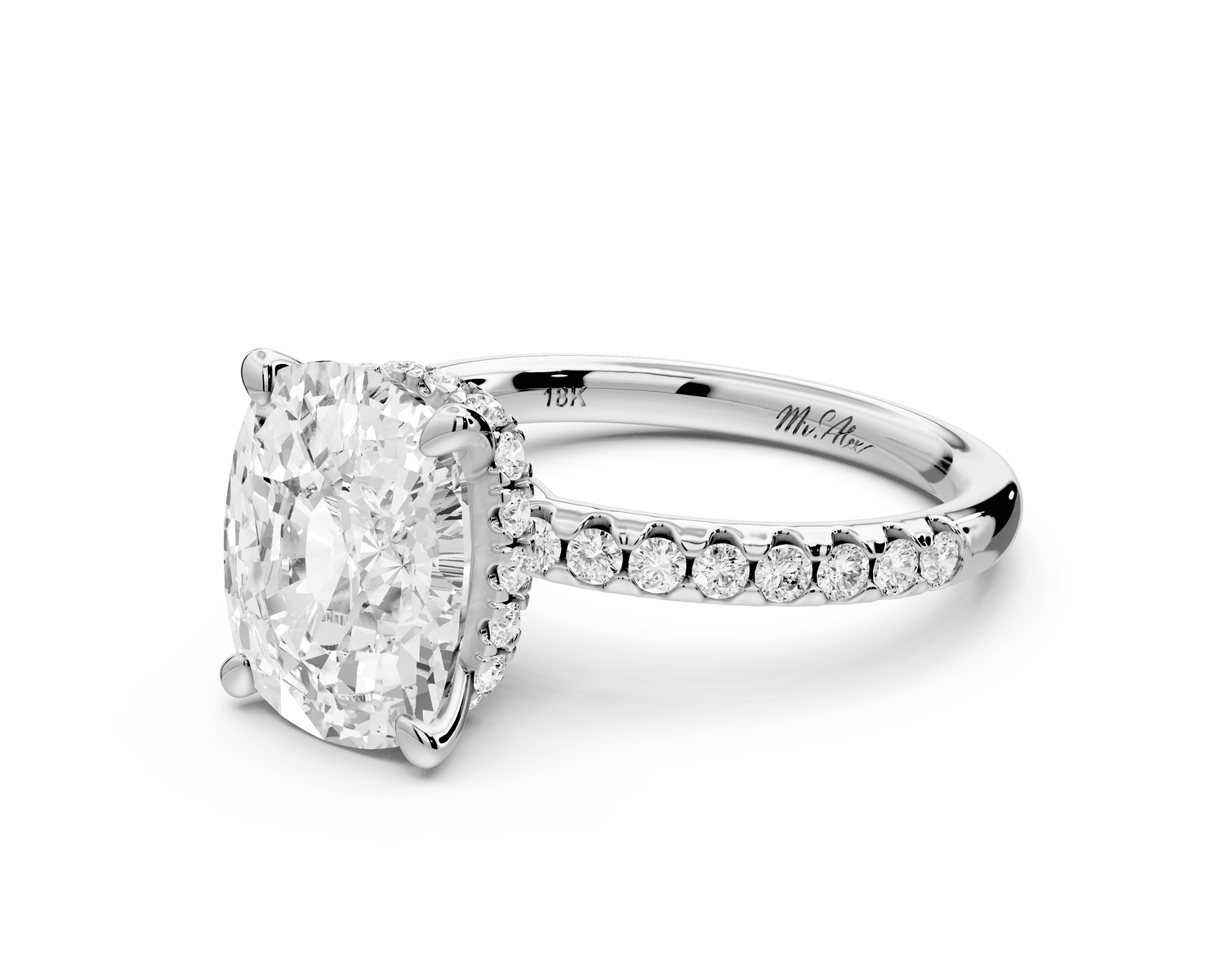 Arina - 4ct 14k white gold ecushion Diamond with a wrap around halo and pavé engagement ring - Mr. Alex Jewelry
