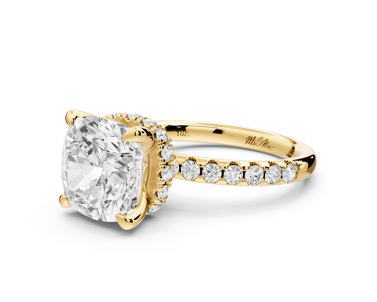 Arina - 4ct 14k yellow gold cushion Diamond with a wrap around halo and pavé engagement ring - Mr. Alex Jewelry