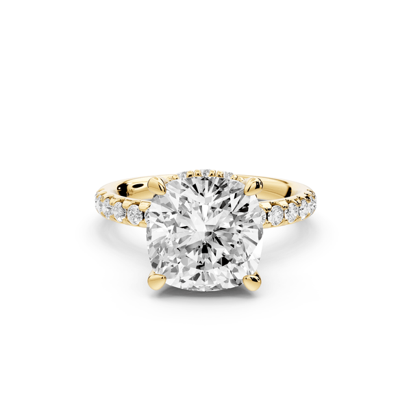 Arina - 4ct 14k yellow gold cushion Diamond with a wrap around halo and pavé engagement ring - Mr. Alex Jewelry