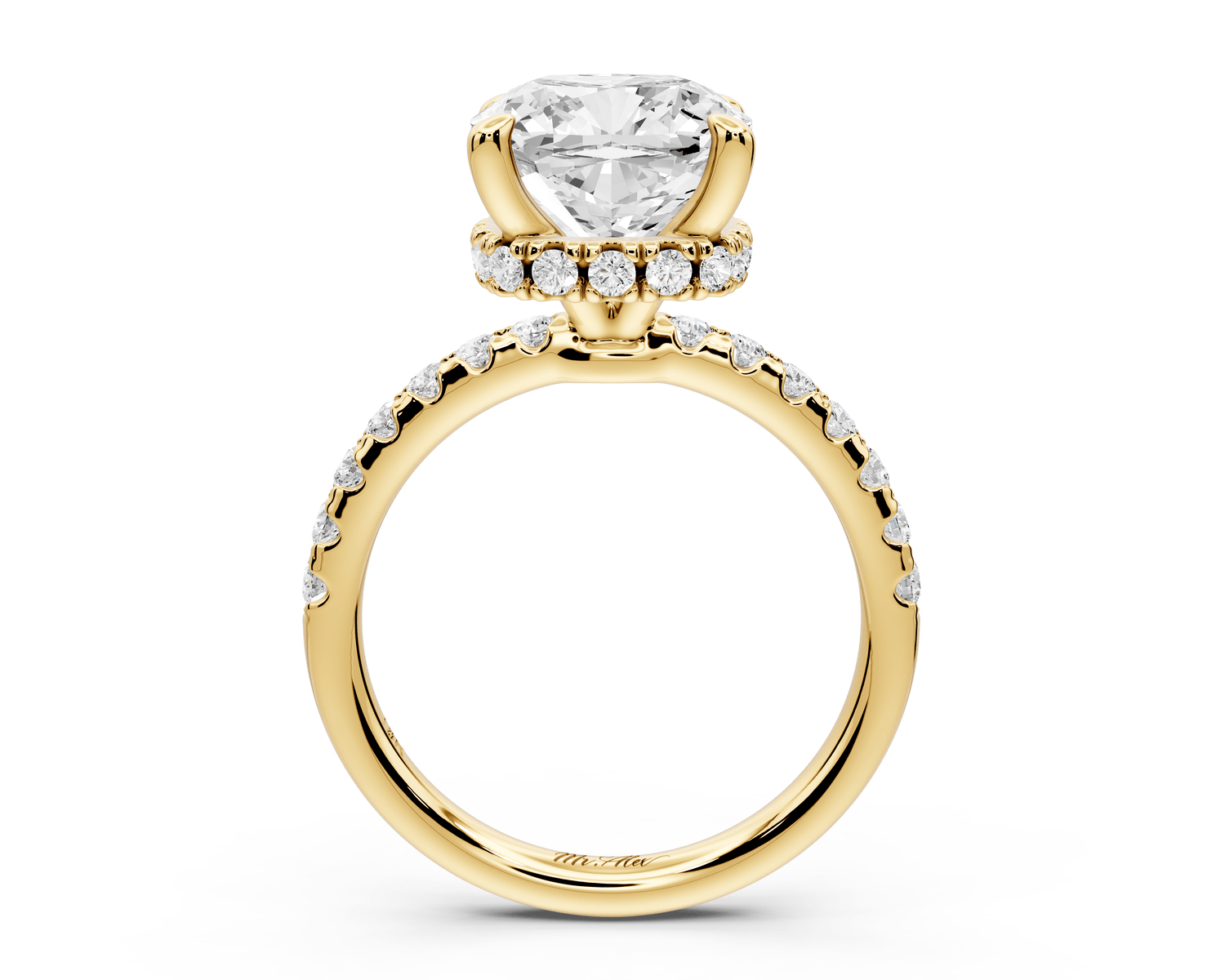 Arina - 4ct 14k yellow gold cushion Diamond with a wrap around halo and pavé engagement ring - Mr. Alex Jewelry