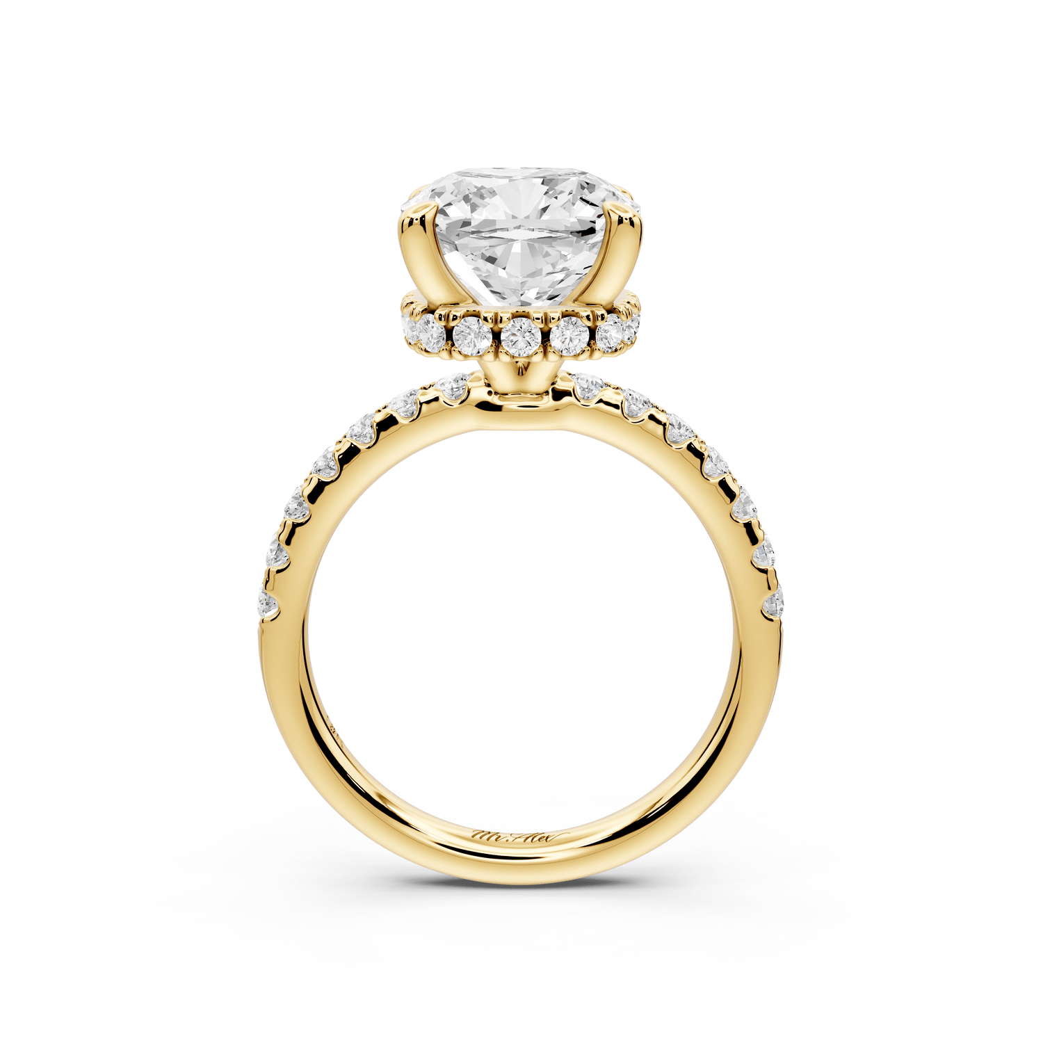 Arina - 4ct 14k yellow gold cushion Diamond with a wrap around halo and pavé engagement ring - Mr. Alex Jewelry