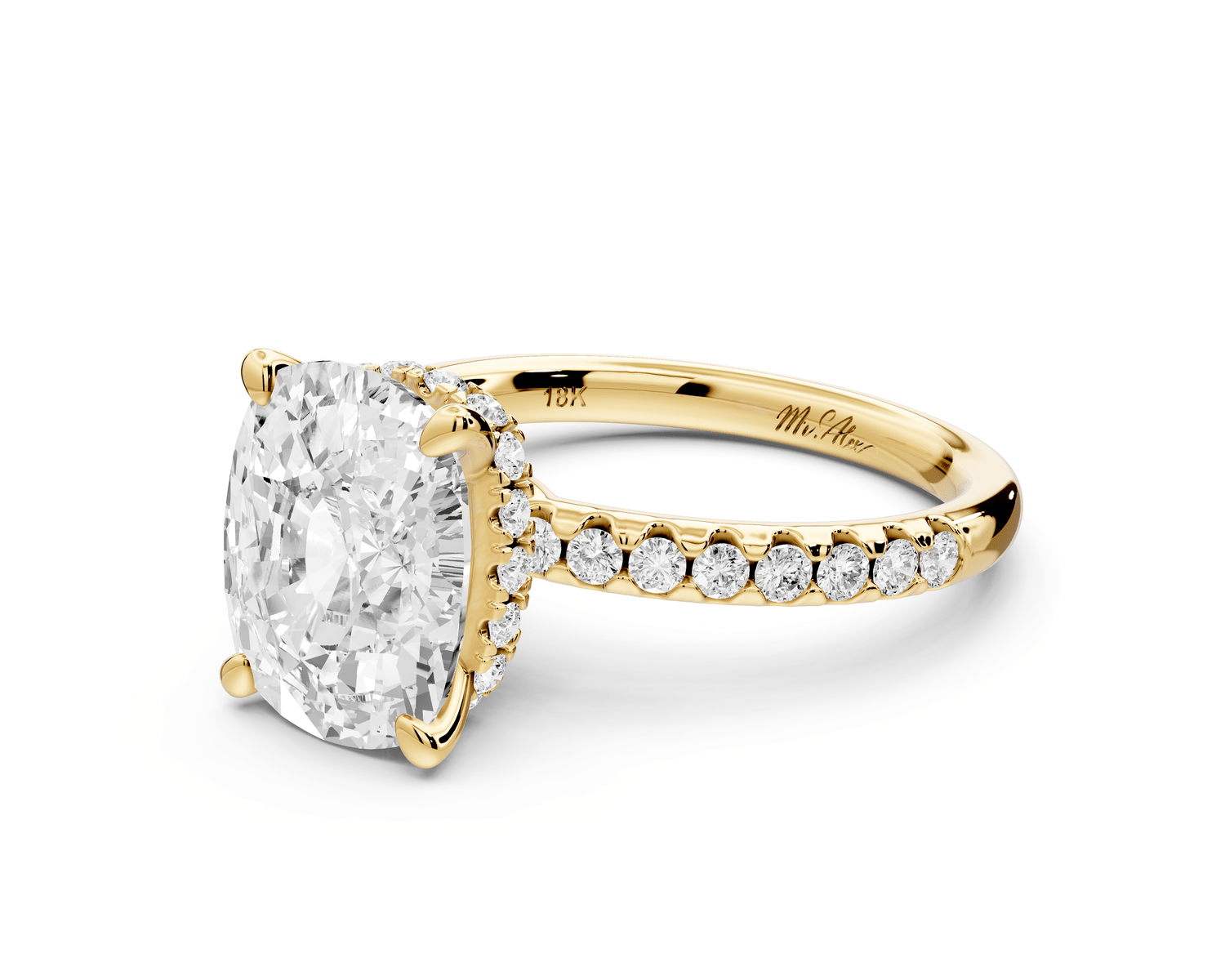 Arina - 4ct 14k yellow gold ecushion Diamond with a wrap around halo and pavé engagement ring - Mr. Alex Jewelry