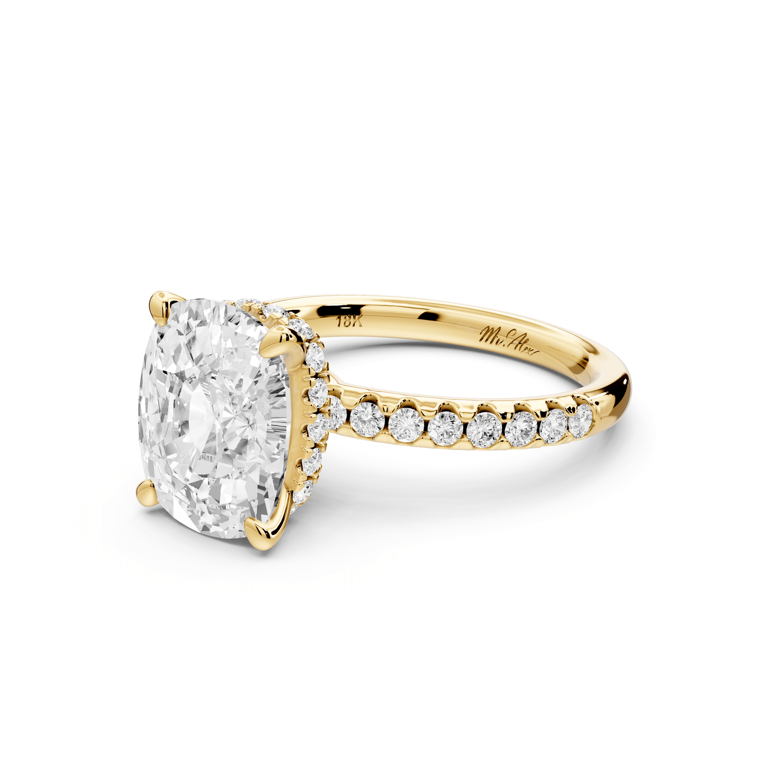 Arina - 4ct 14k yellow gold ecushion Diamond with a wrap around halo and pavé engagement ring - Mr. Alex Jewelry