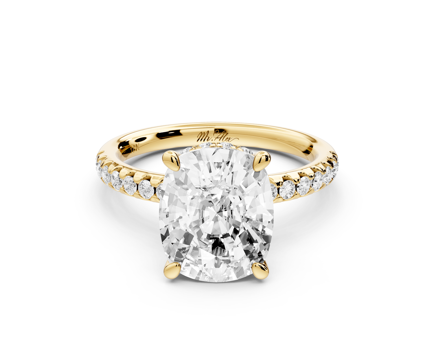 Arina - 4ct 14k yellow gold ecushion Diamond with a wrap around halo and pavé engagement ring - Mr. Alex Jewelry