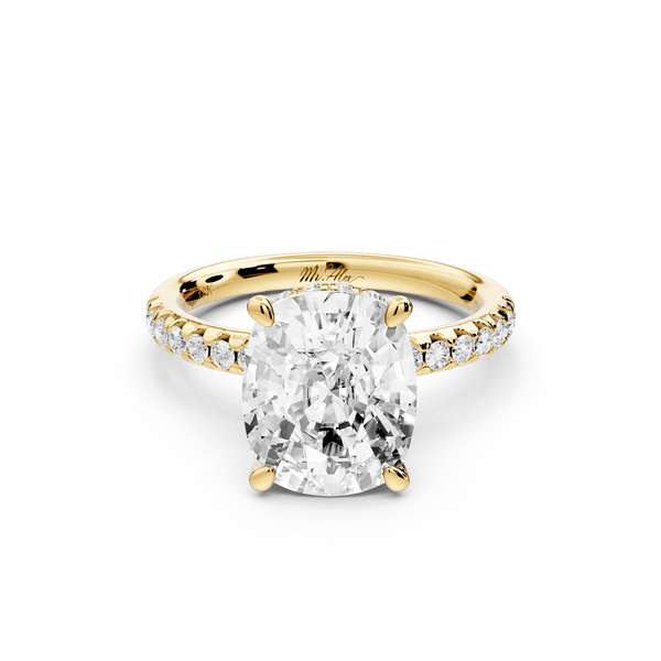 Arina - 4ct 14k yellow gold ecushion Diamond with a wrap around halo and pavé engagement ring - Mr. Alex Jewelry