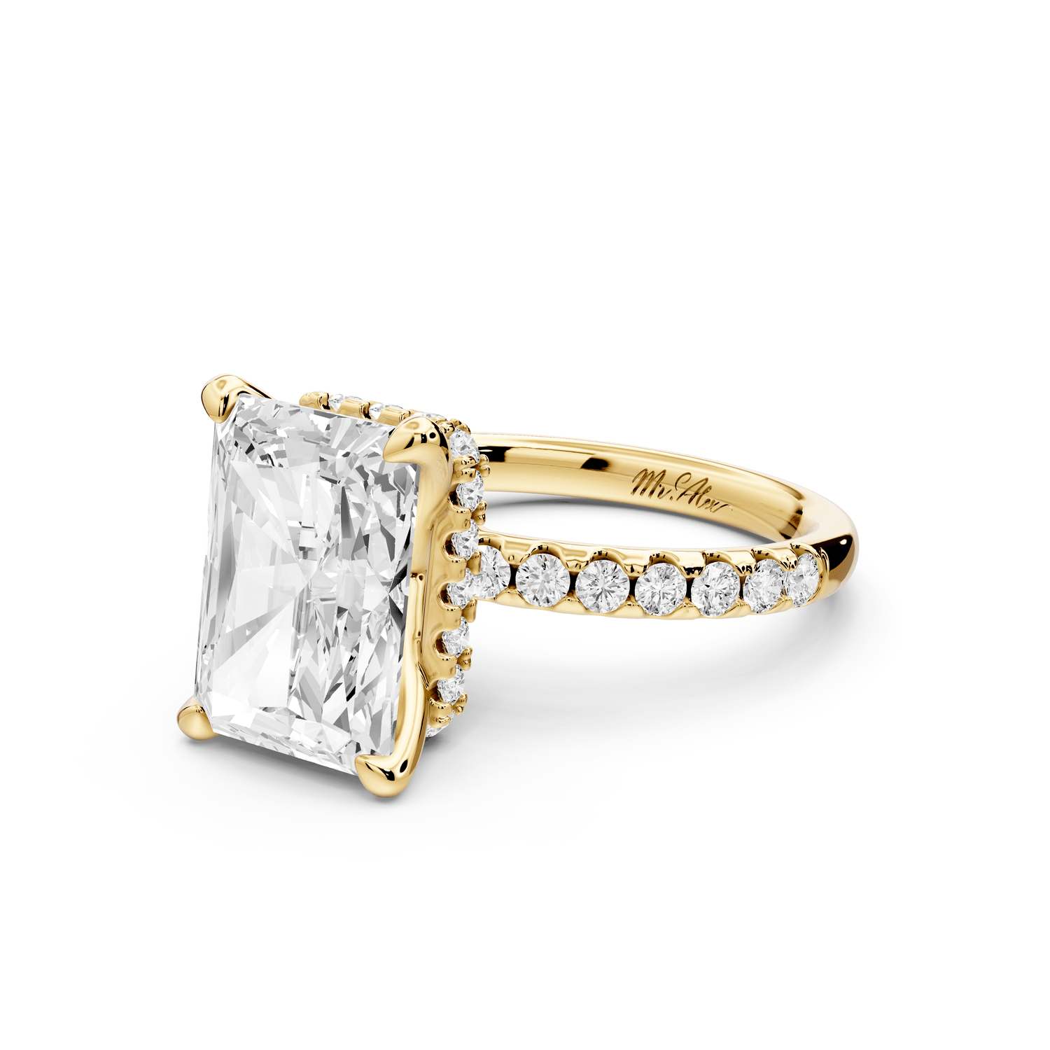 Arina - 4ct 14k yellow gold radiant Diamond with a wrap around halo and pavé engagement ring - Mr. Alex Jewelry