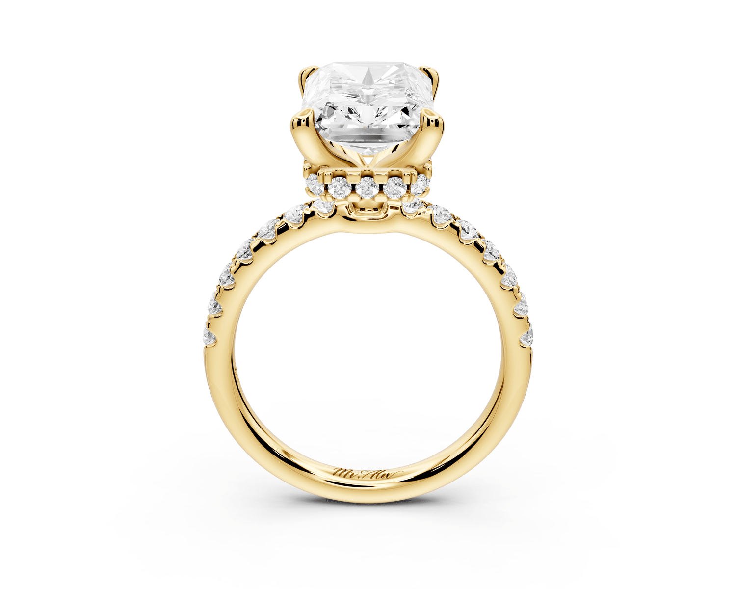 Arina - 4ct 14k yellow gold radiant Diamond with a wrap around halo and pavé engagement ring - Mr. Alex Jewelry