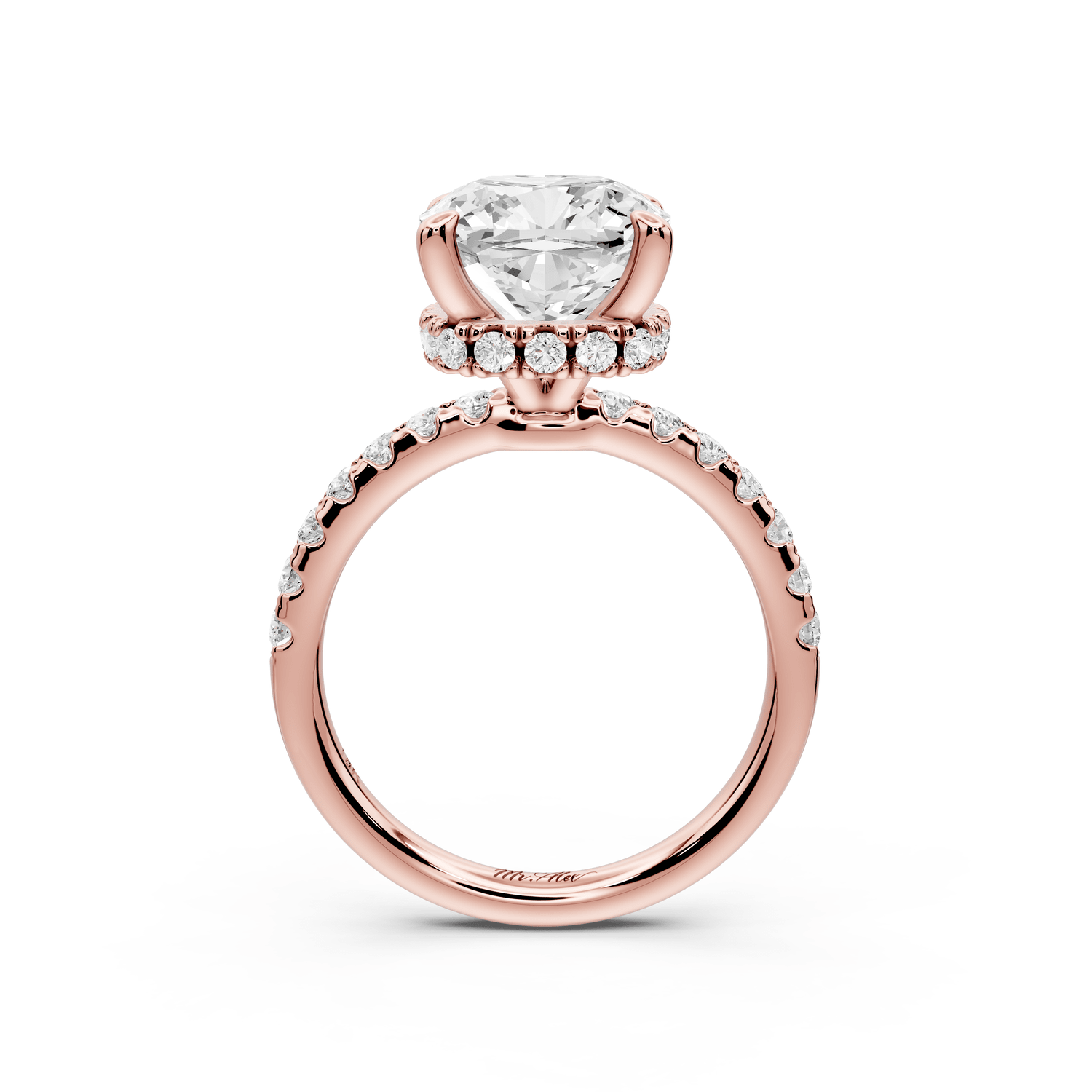 Arina - 4ct 18k rose gold cushion Diamond with a wrap around halo and pavé engagement ring - Mr. Alex Jewelry