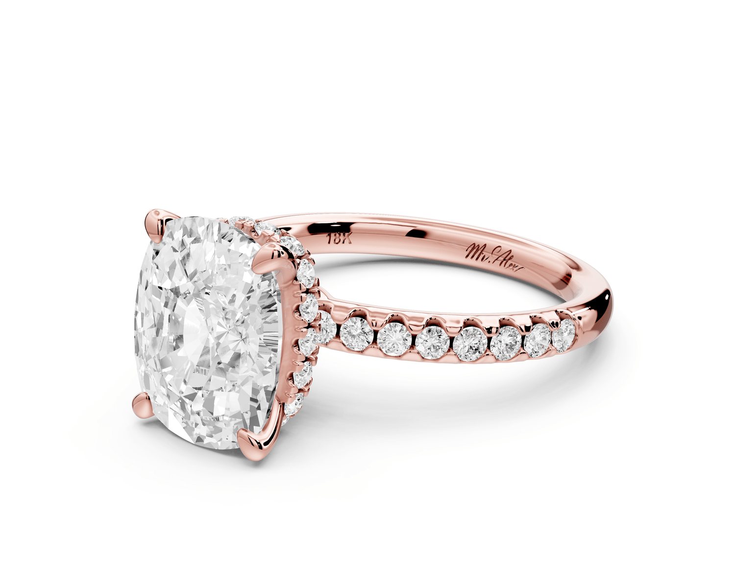 Arina - 4ct 18k rose gold ecushion Diamond with a wrap around halo and pavé engagement ring - Mr. Alex Jewelry