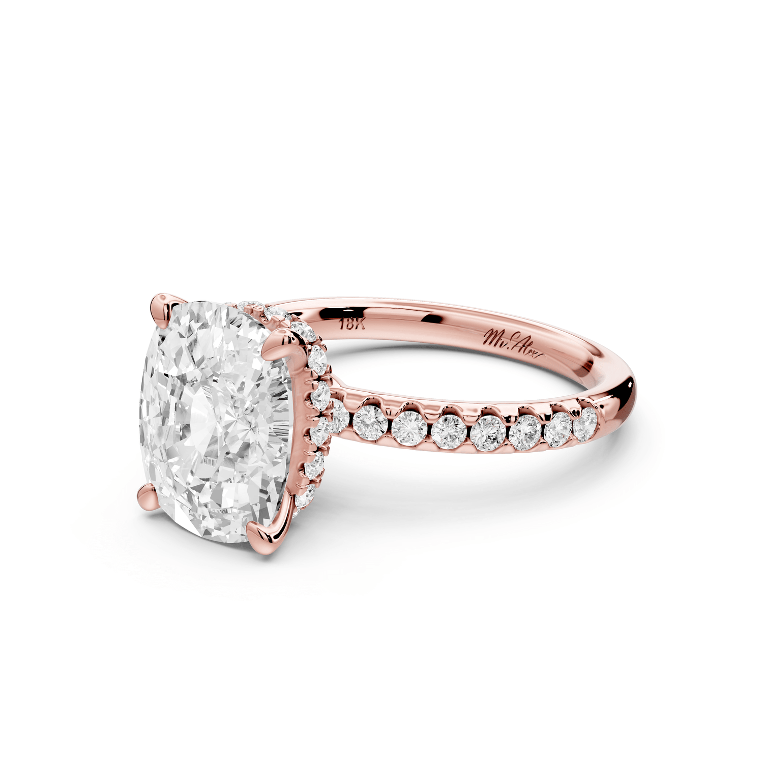 Arina - 4ct 18k rose gold ecushion Diamond with a wrap around halo and pavé engagement ring - Mr. Alex Jewelry