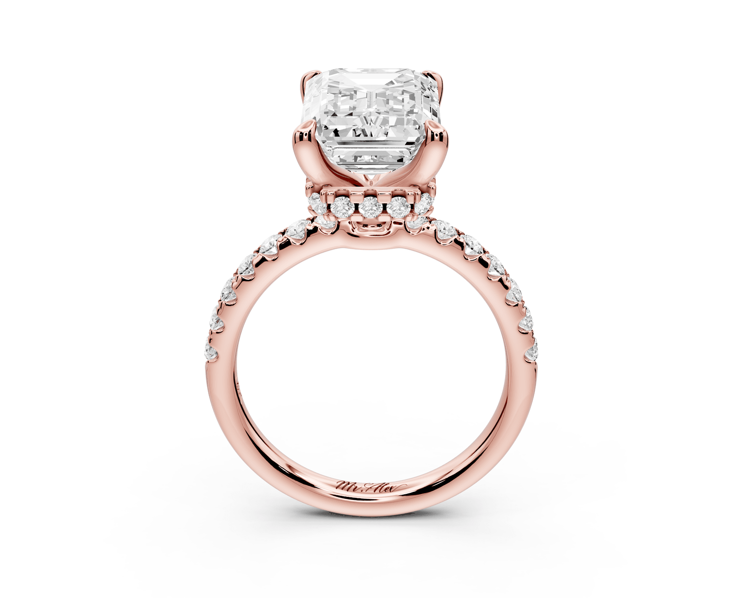 Arina - 4ct 18k rose gold emerald Diamond with a wrap around halo and pavé Engagement ring - Mr. Alex Jewelry