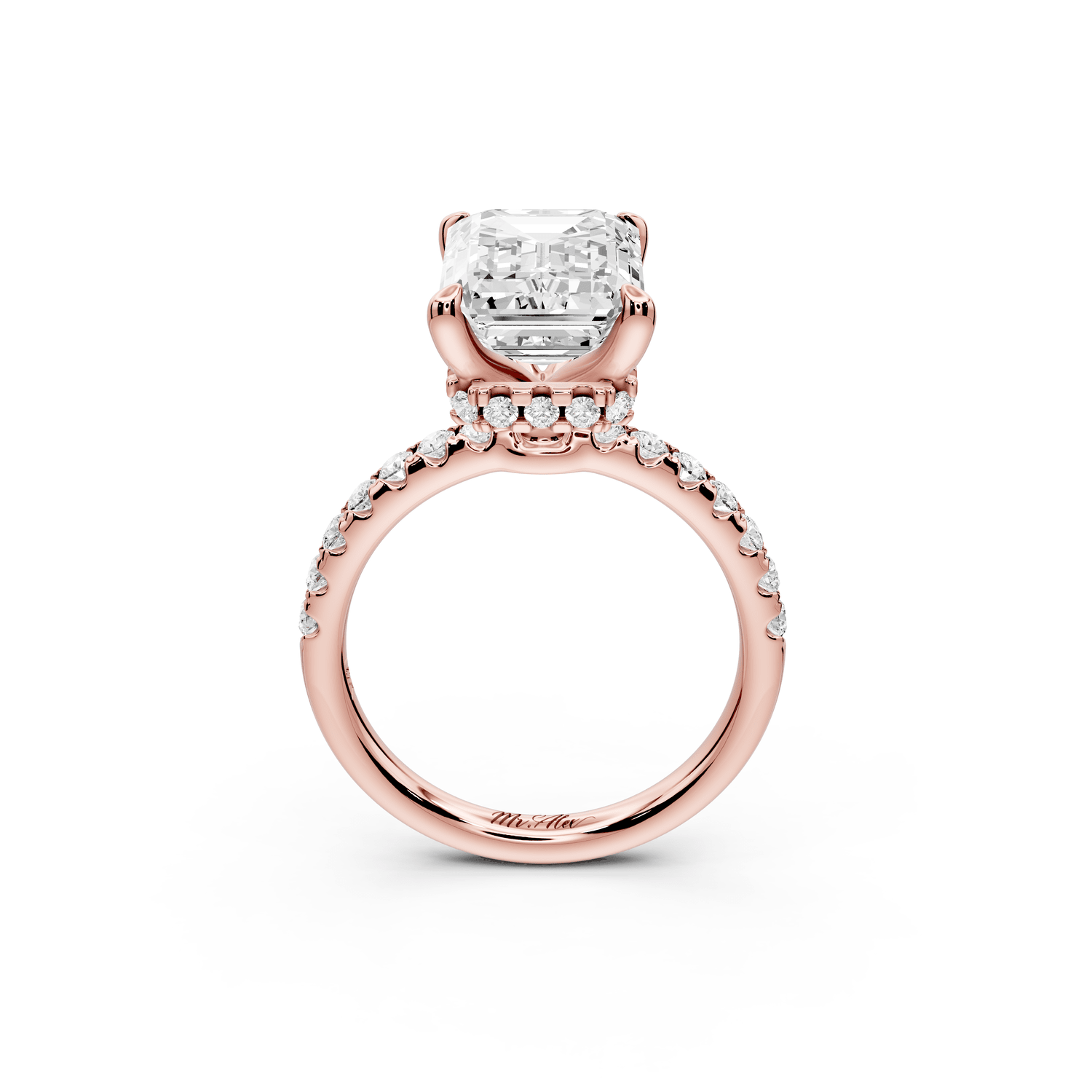 Arina - 4ct 18k rose gold emerald Diamond with a wrap around halo and pavé Engagement ring - Mr. Alex Jewelry