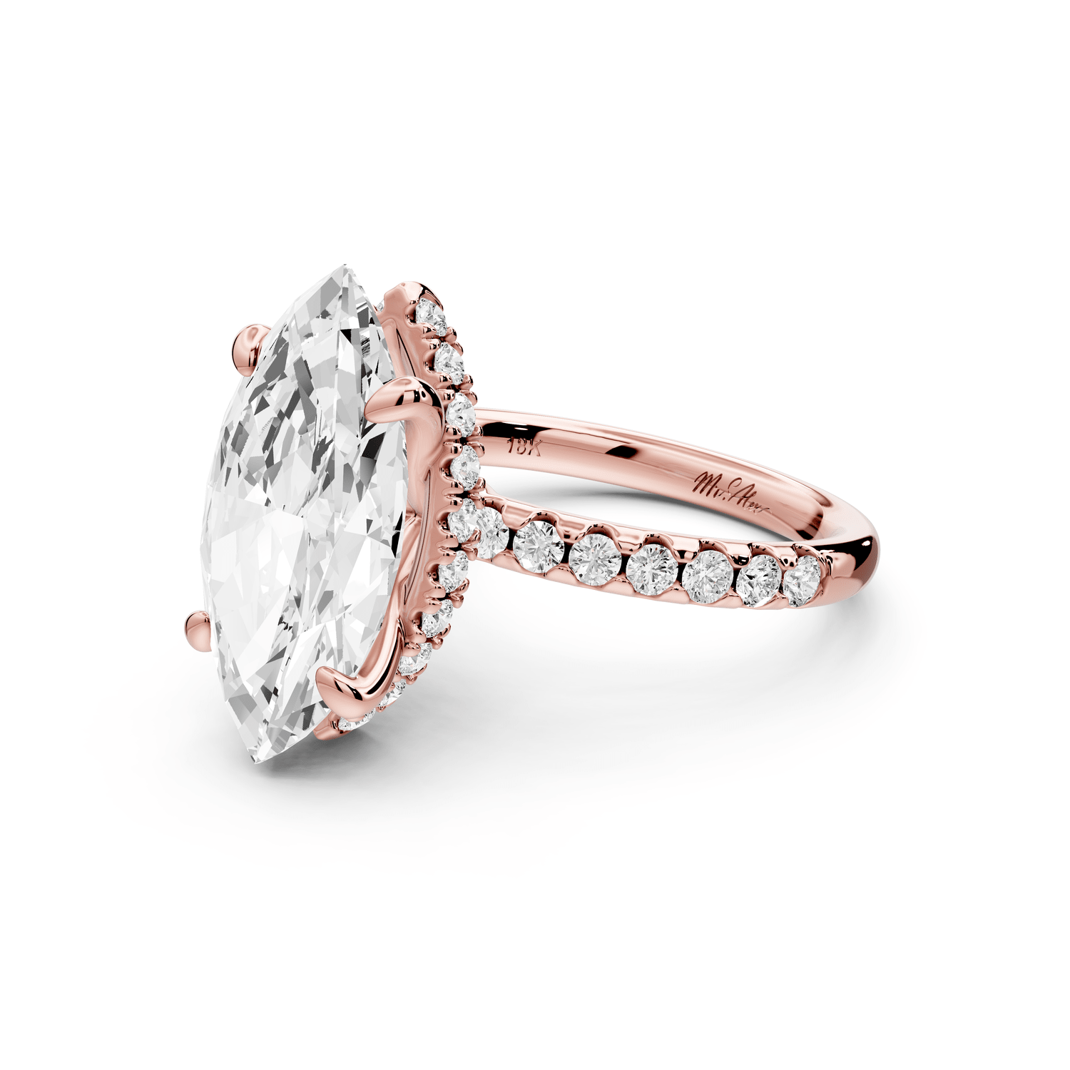 Arina - 4ct 18k rose gold marquise Diamond with a wrap around halo and pavé engagement ring - Mr. Alex Jewelry