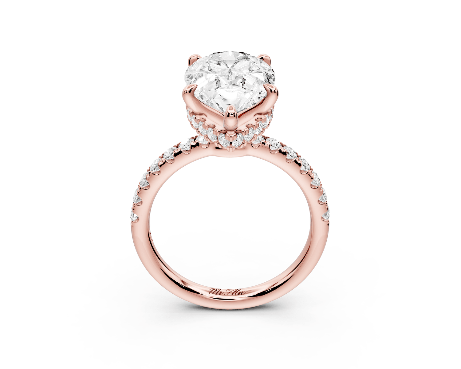 Arina - 4ct 18k rose gold pear Diamond with a wrap around halo and pavé Engagement ring - Mr. Alex Jewelry