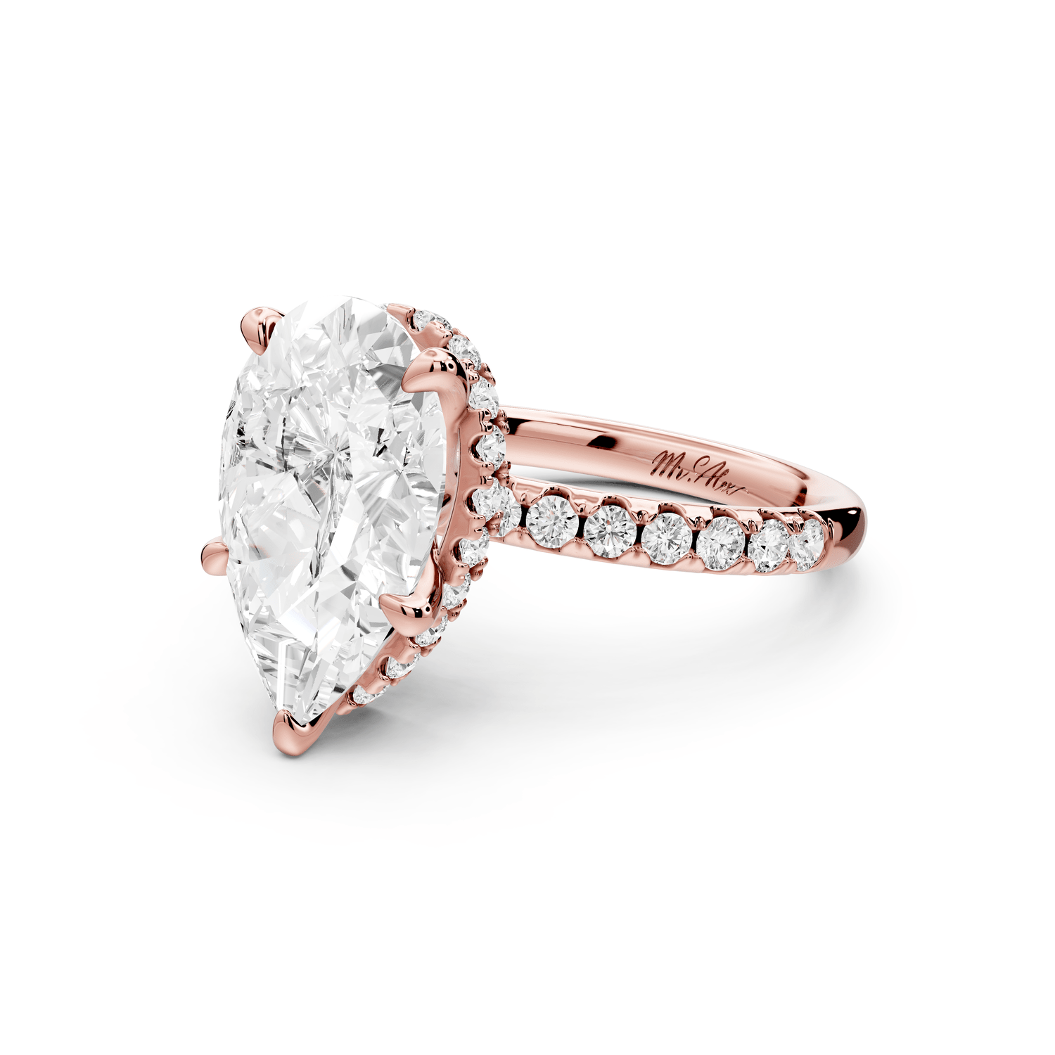 Arina - 4ct 18k rose gold pear Diamond with a wrap around halo and pavé Engagement ring - Mr. Alex Jewelry