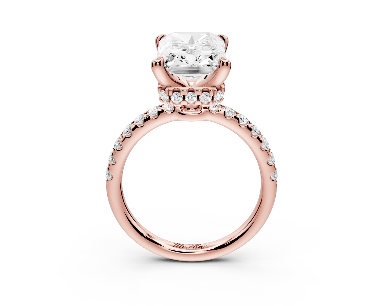 Arina - 4ct 18k rose gold radiant Diamond with a wrap around halo and pavé engagement ring - Mr. Alex Jewelry