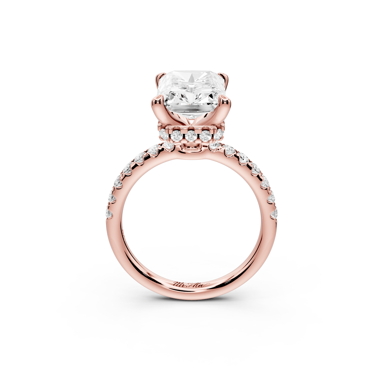 Arina - 4ct 18k rose gold radiant Diamond with a wrap around halo and pavé engagement ring - Mr. Alex Jewelry