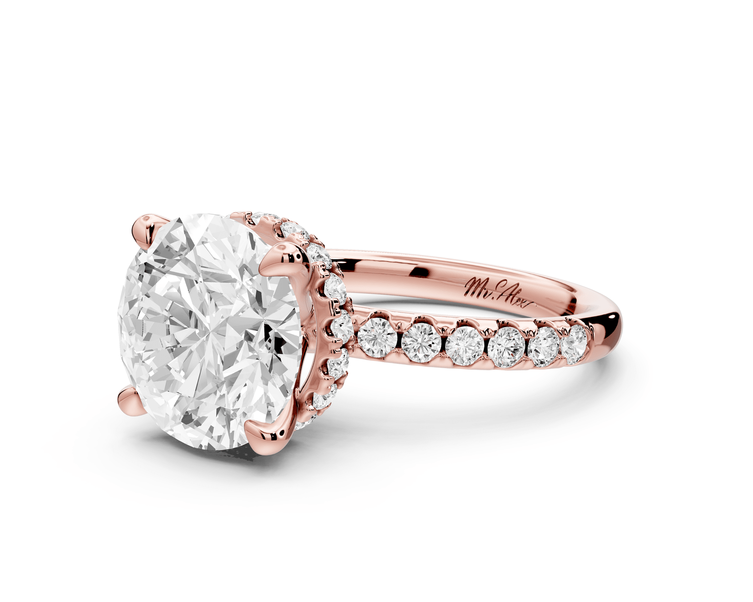 Arina - 4ct 18k rose gold round Diamond with a wrap around halo and pavé engagment ring - Mr. Alex Jewelry
