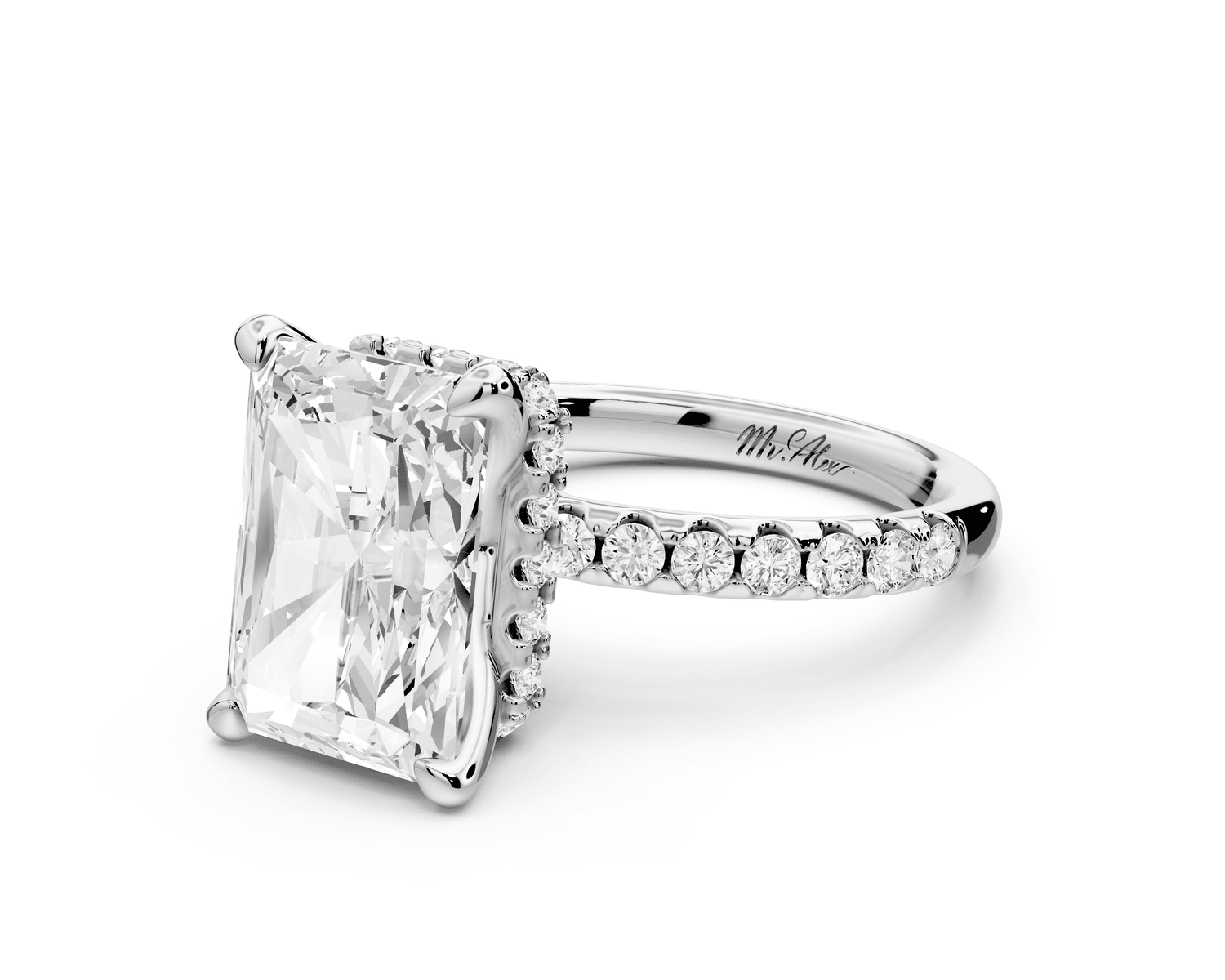 Arina - 4ct 18k white gold radiant Diamond with a wrap around halo and pavé engagement ring - Mr. Alex Jewelry