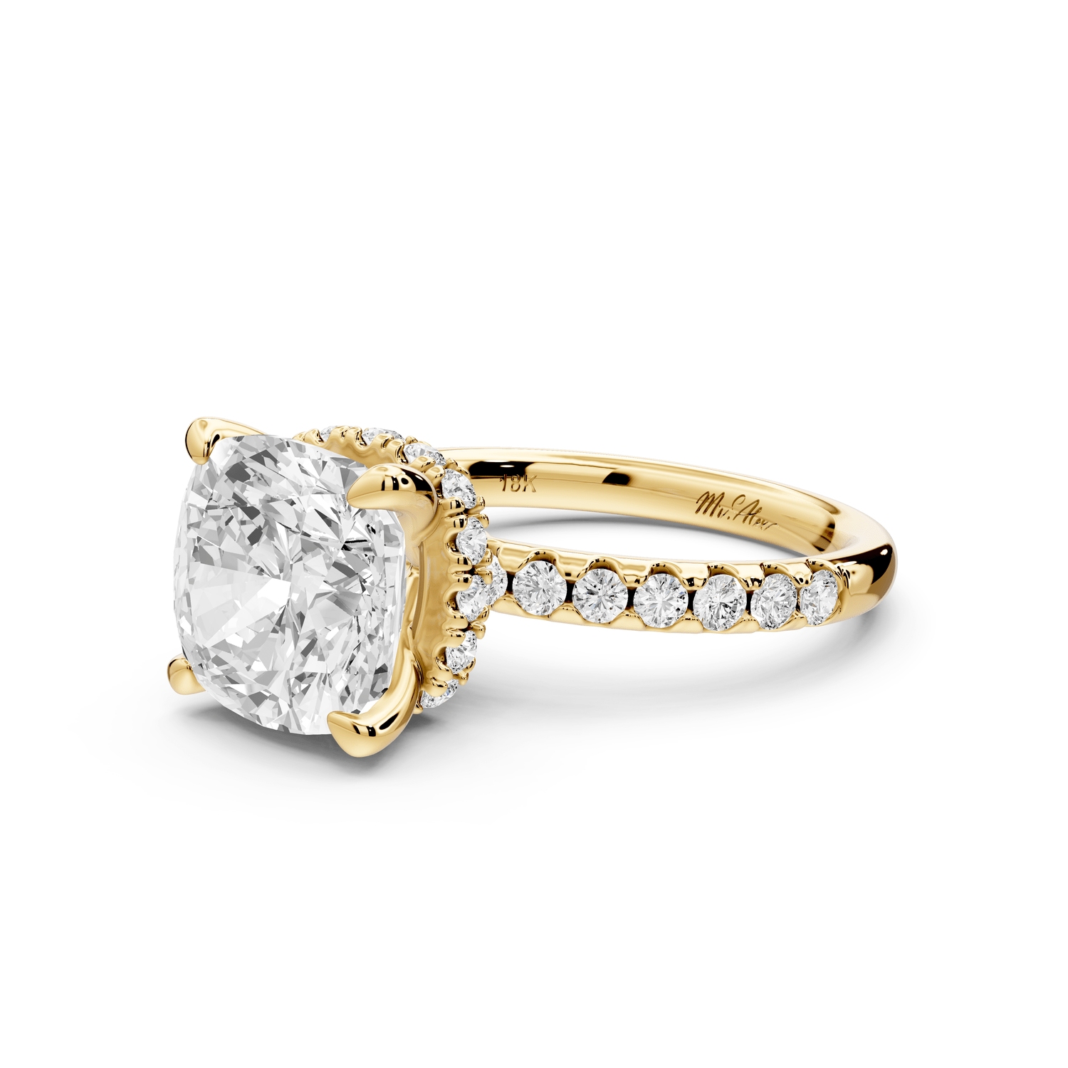 Arina - 4ct 18k yellow gold cushion Diamond with a wrap around halo and pavé engagement ring - Mr. Alex Jewelry