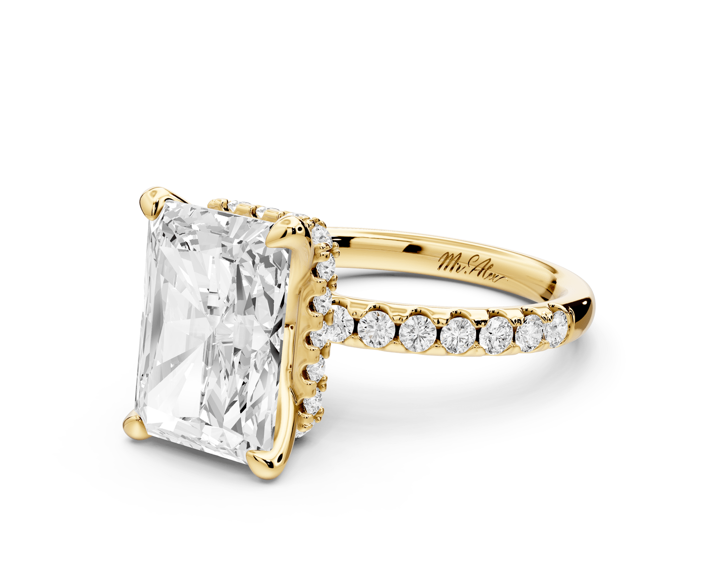 Arina - 4ct 18k yellow gold radiant Diamond with a wrap around halo and pavé engagement ring - Mr. Alex Jewelry