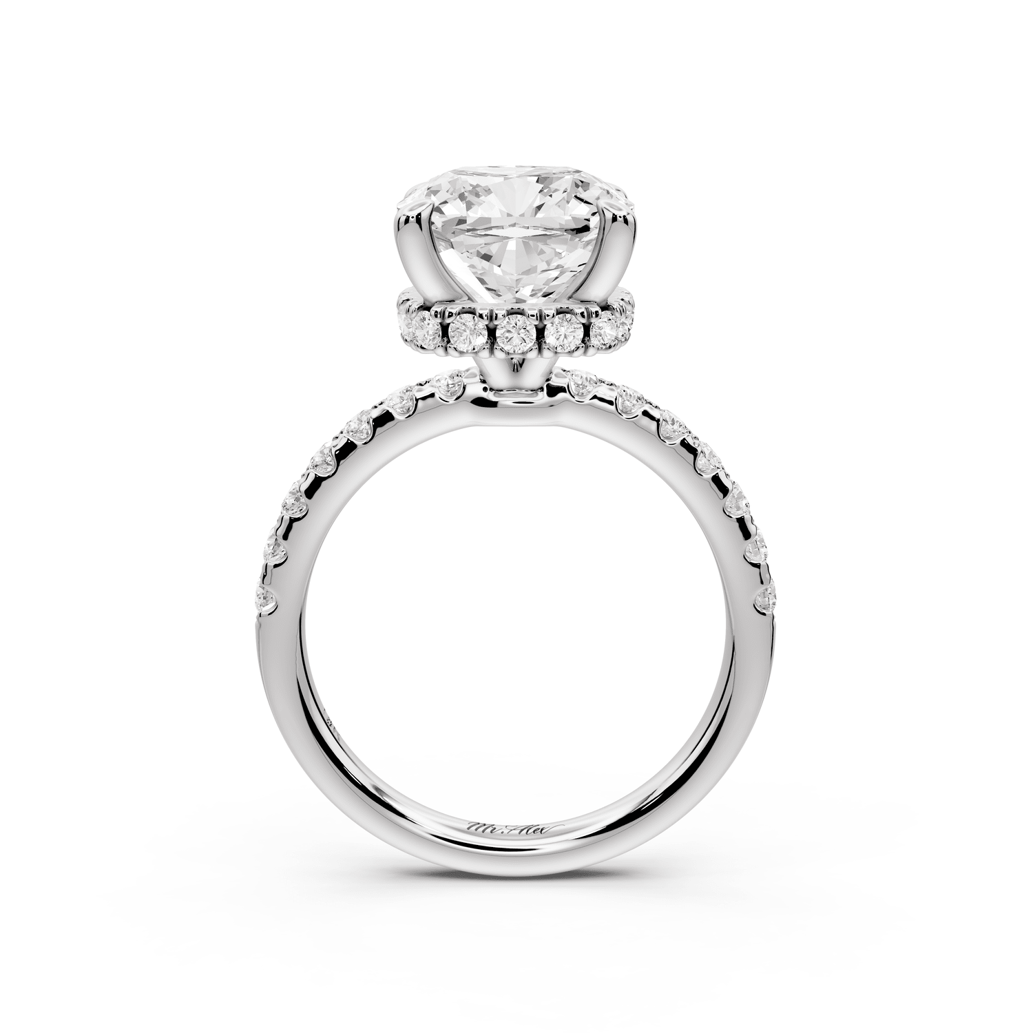 Arina - 4ct platinum cushion Diamond with a wrap around halo and pavé engagement ring - Mr. Alex Jewelry