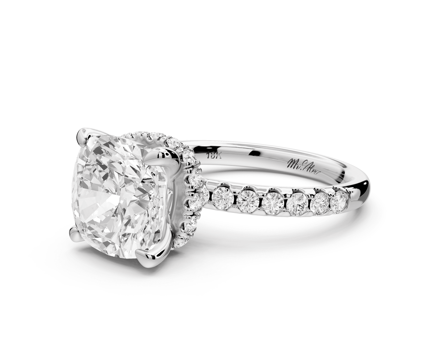 Arina - 4ct platinum cushion Diamond with a wrap around halo and pavé engagement ring - Mr. Alex Jewelry