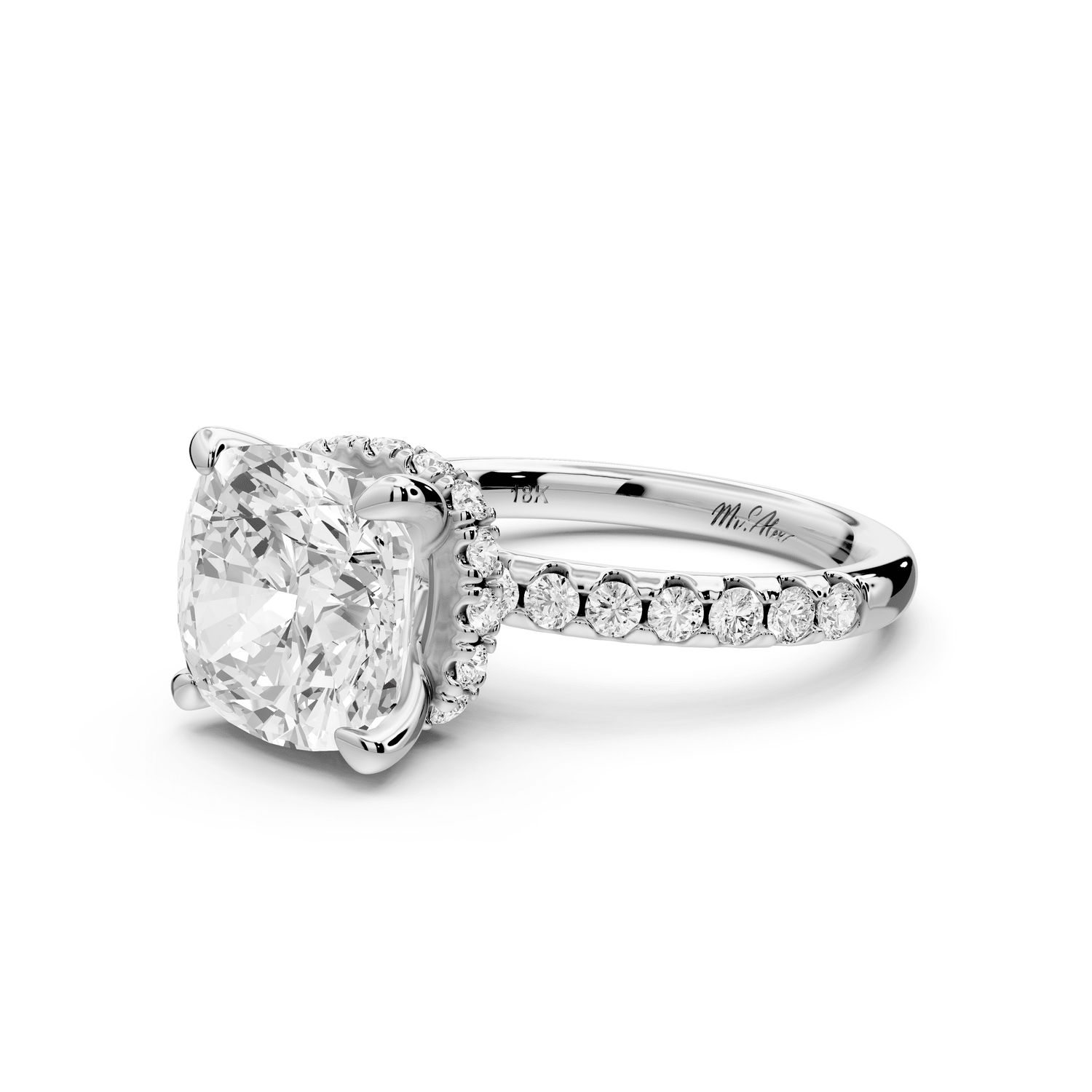 Arina - 4ct platinum cushion Diamond with a wrap around halo and pavé engagement ring - Mr. Alex Jewelry