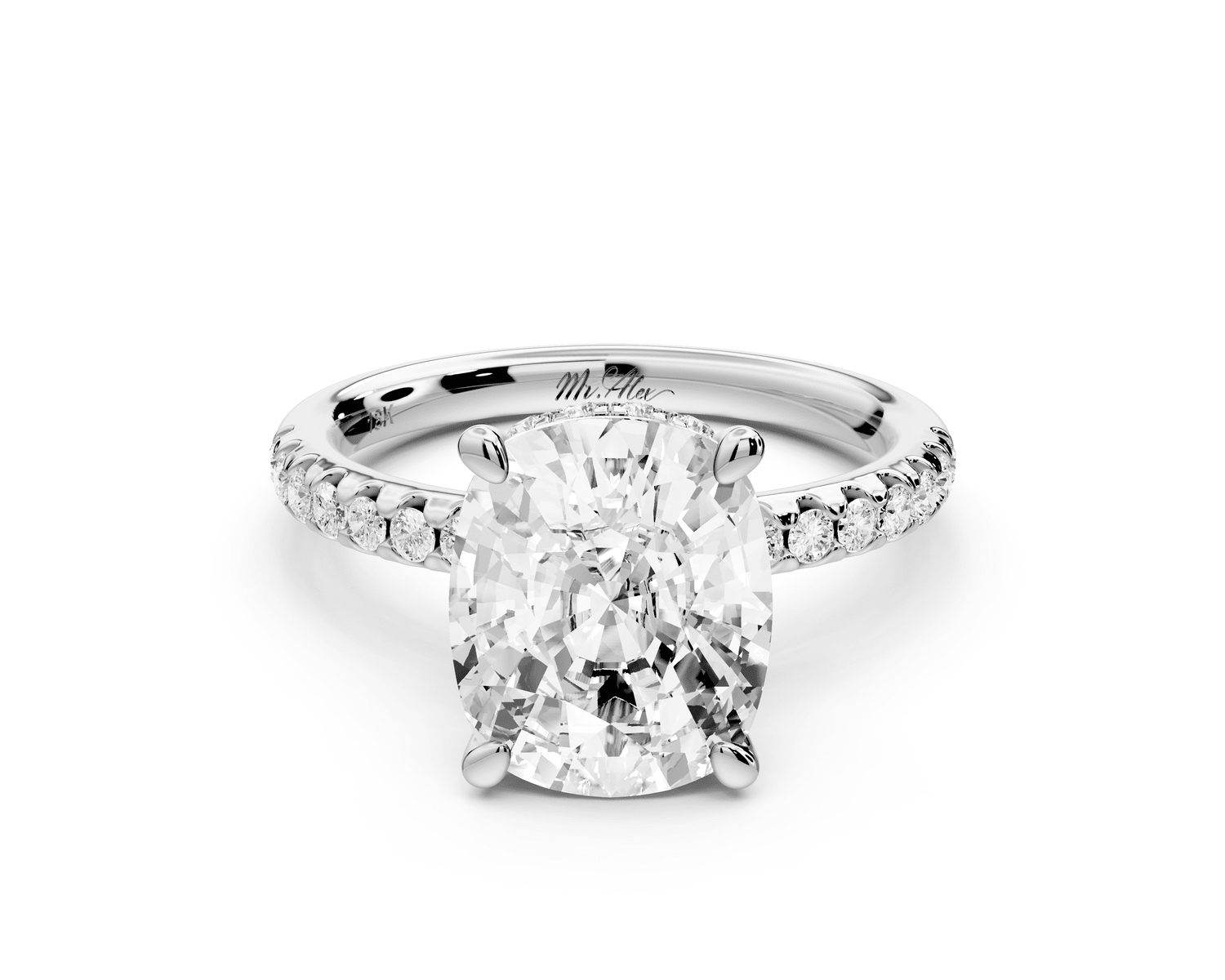 Arina - 4ct platinum ecushion Diamond with a wrap around halo and pavé engagement ring - Mr. Alex Jewelry