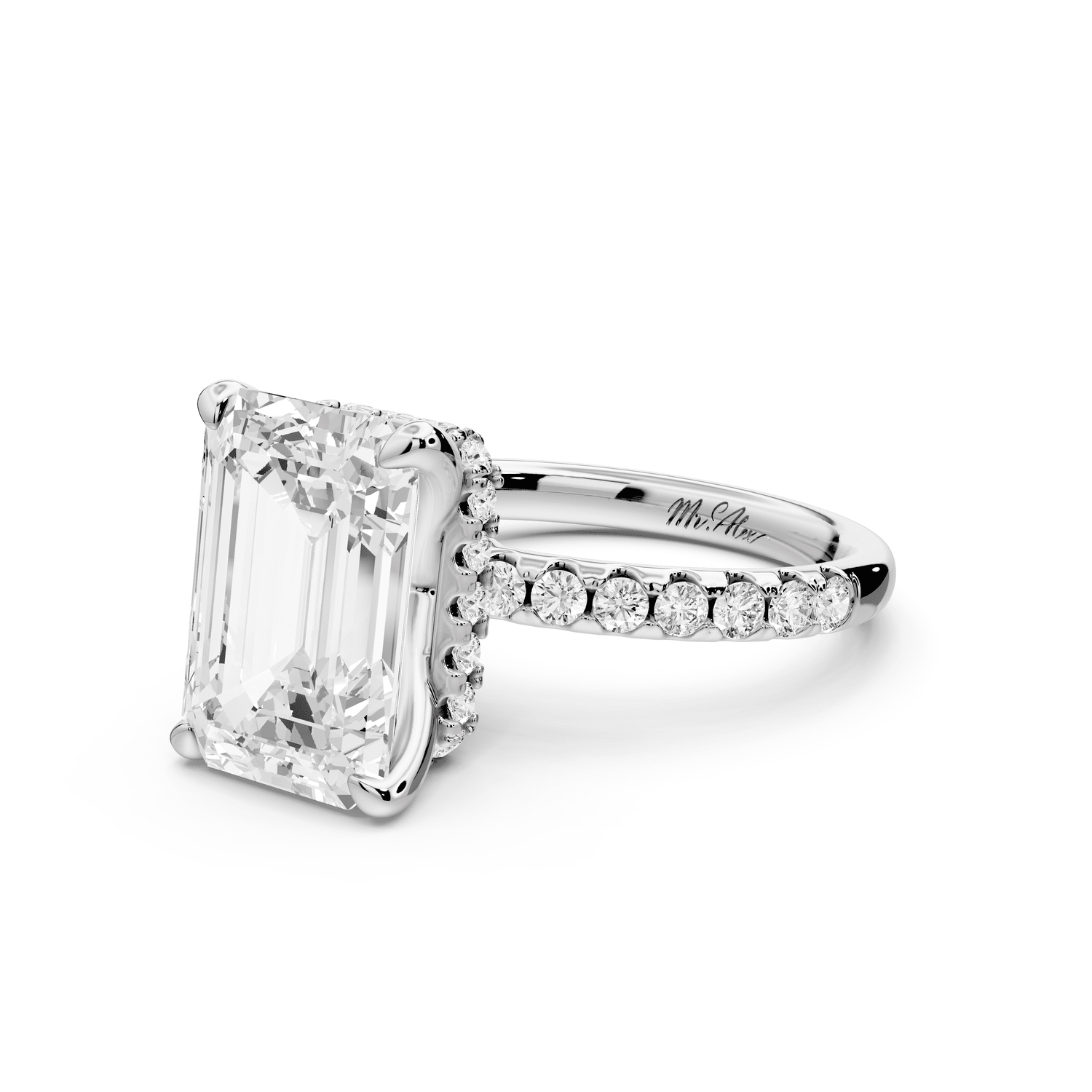 Arina - 4ct platinum emerald Diamond with a wrap around halo and pavé Engagement ring - Mr. Alex Jewelry