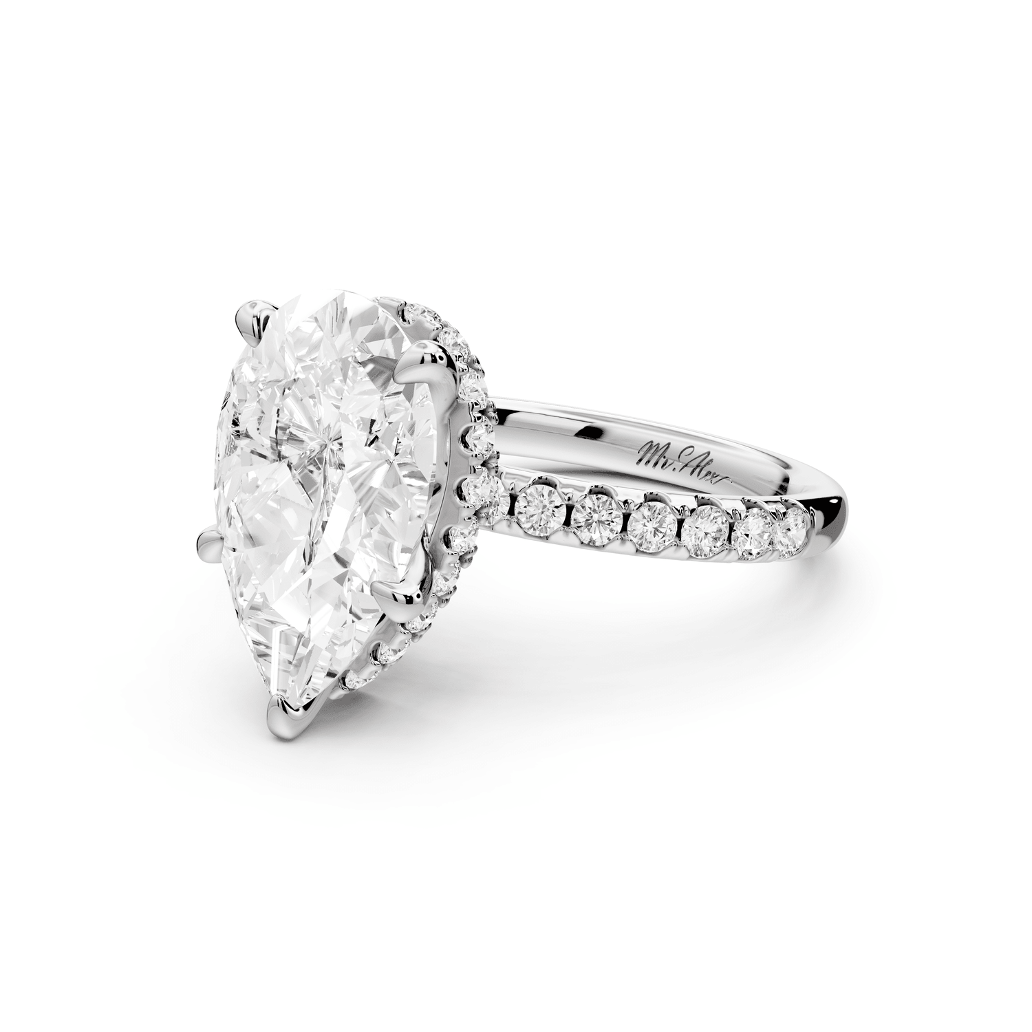 Arina - 4ct platinum pear Diamond with a wrap around halo and pavé Engagement ring - Mr. Alex Jewelry