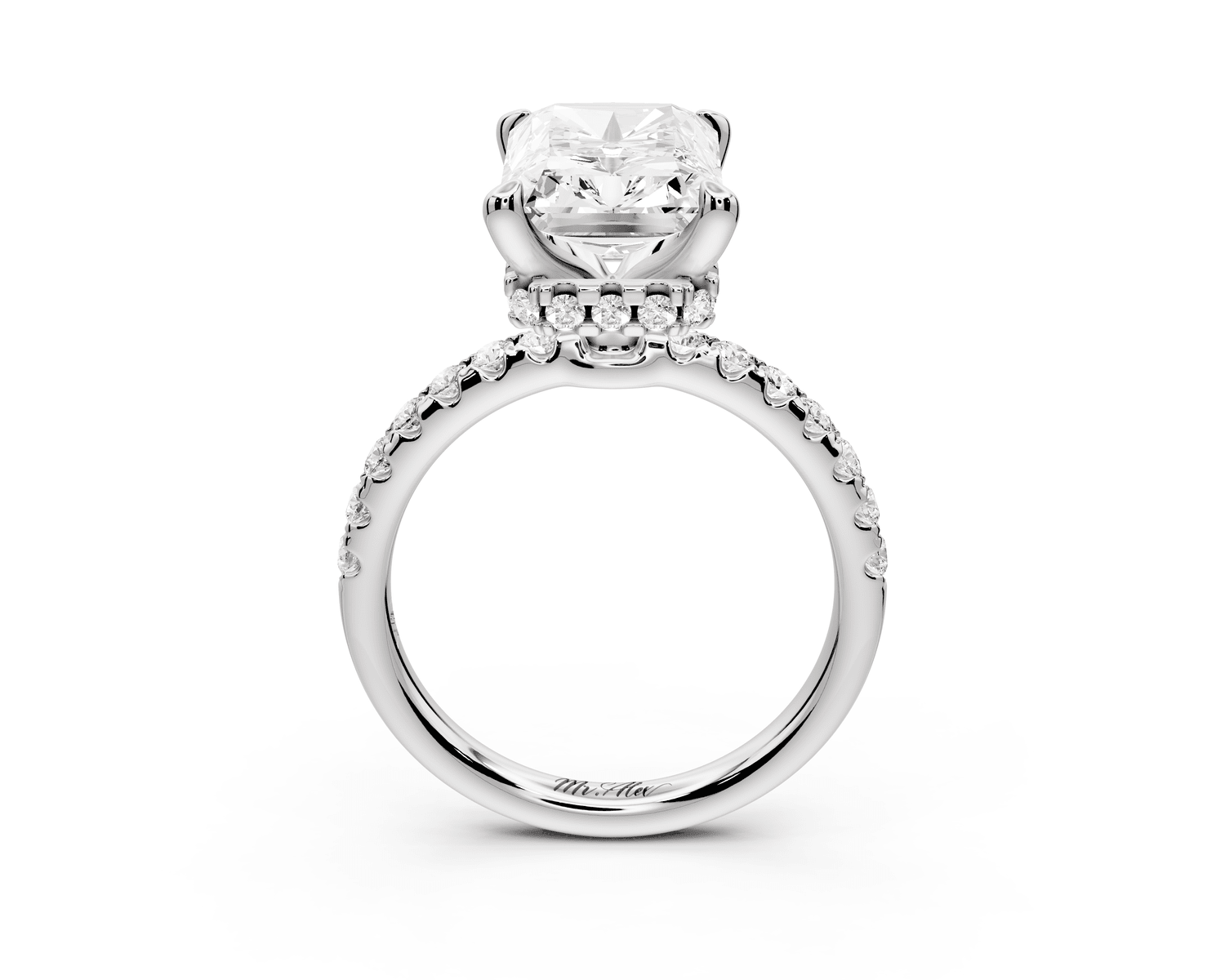 Arina - 4ct platinum radiant Diamond with a wrap around halo and pavé engagement ring - Mr. Alex Jewelry