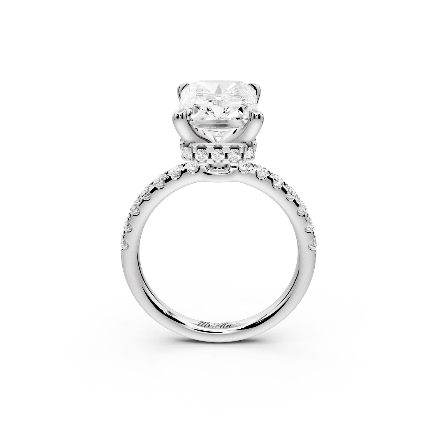 Arina - 4ct platinum radiant Diamond with a wrap around halo and pavé engagement ring - Mr. Alex Jewelry