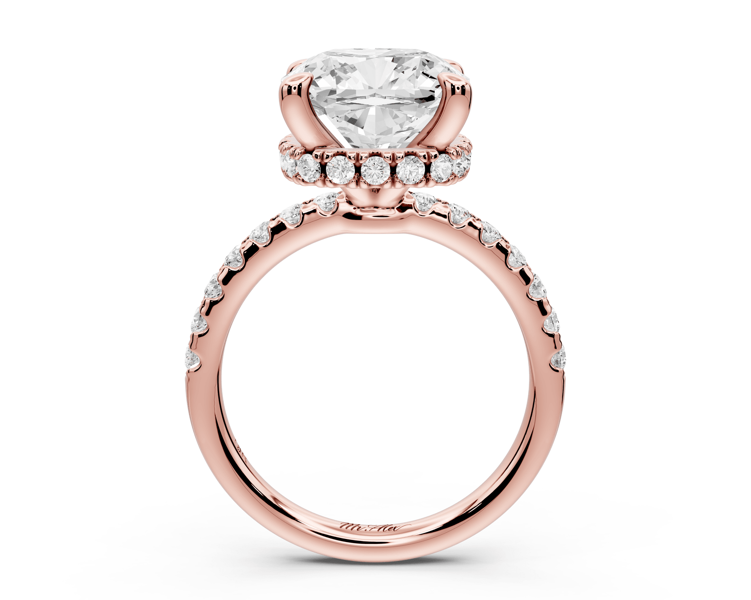 Arina - 5ct 14k rose gold cushion Diamond with a wrap around halo and pavé engagement ring - Mr. Alex Jewelry