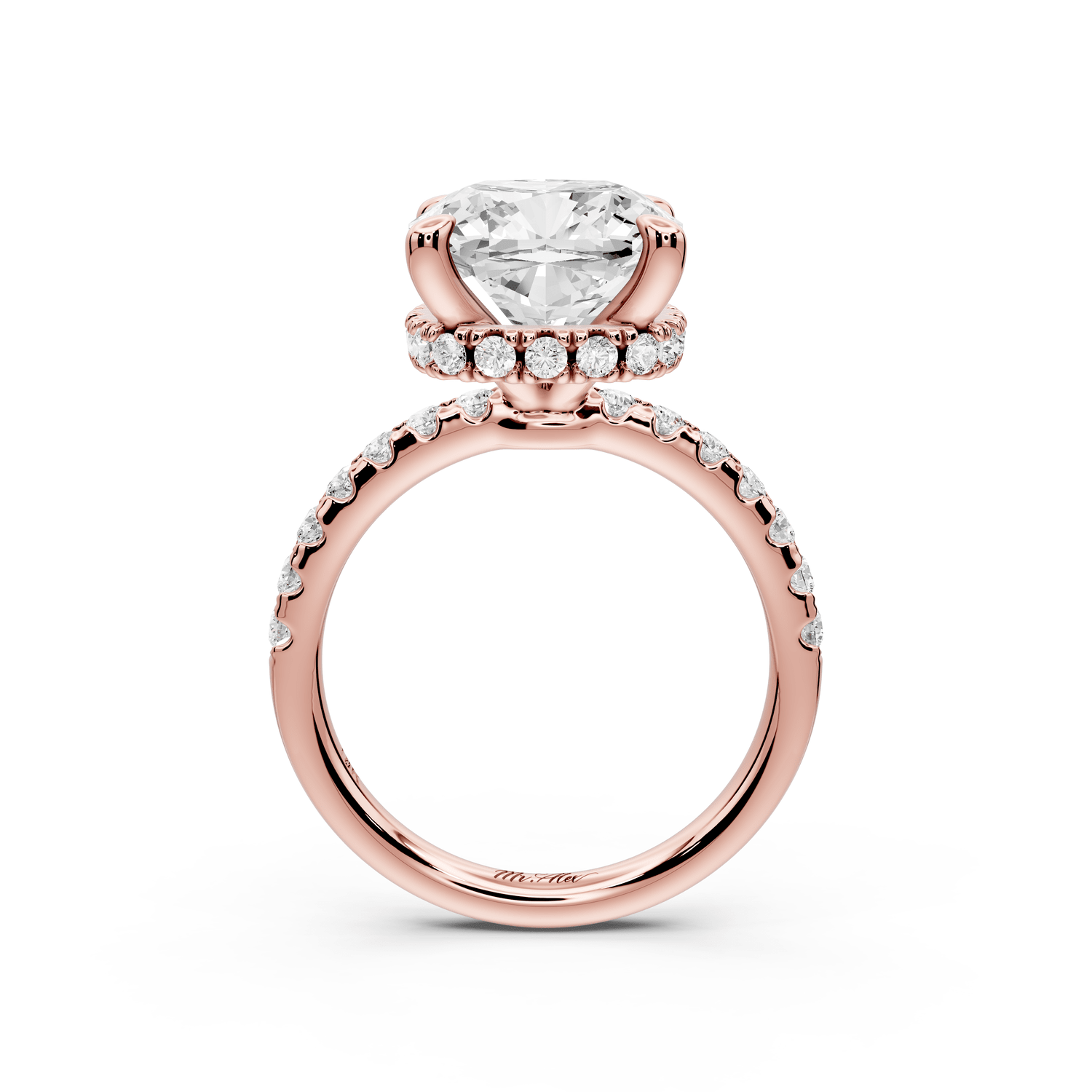 Arina - 5ct 14k rose gold cushion Diamond with a wrap around halo and pavé engagement ring - Mr. Alex Jewelry