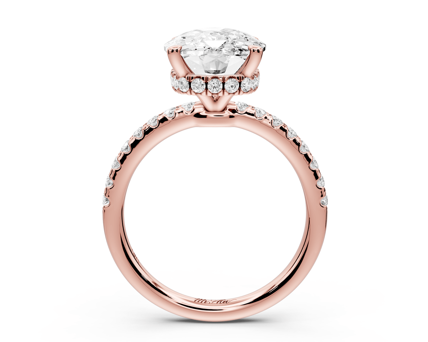 Arina - 5ct 14k rose gold ecushion Diamond with a wrap around halo and pavé engagement ring - Mr. Alex Jewelry
