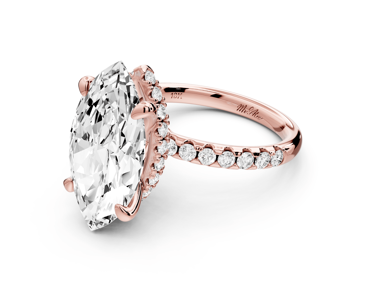 Arina - 5ct 14k rose gold marquise Diamond with a wrap around halo and pavé engagement ring - Mr. Alex Jewelry