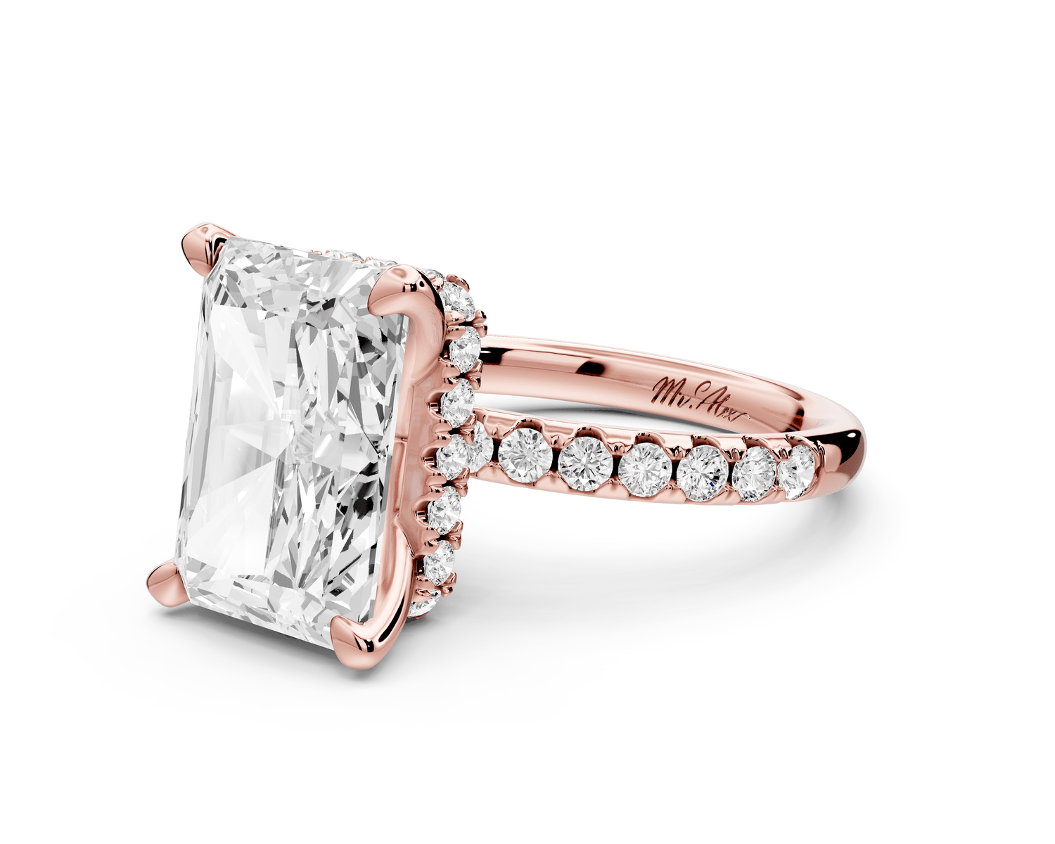 Arina - 5ct 14k rose gold radiant Diamond with a wrap around halo and pavé engagement ring - Mr. Alex Jewelry