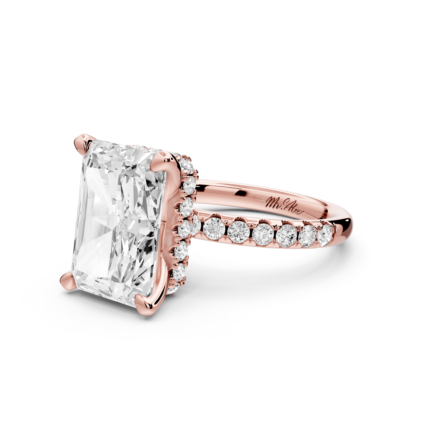 Arina - 5ct 14k rose gold radiant Diamond with a wrap around halo and pavé engagement ring - Mr. Alex Jewelry