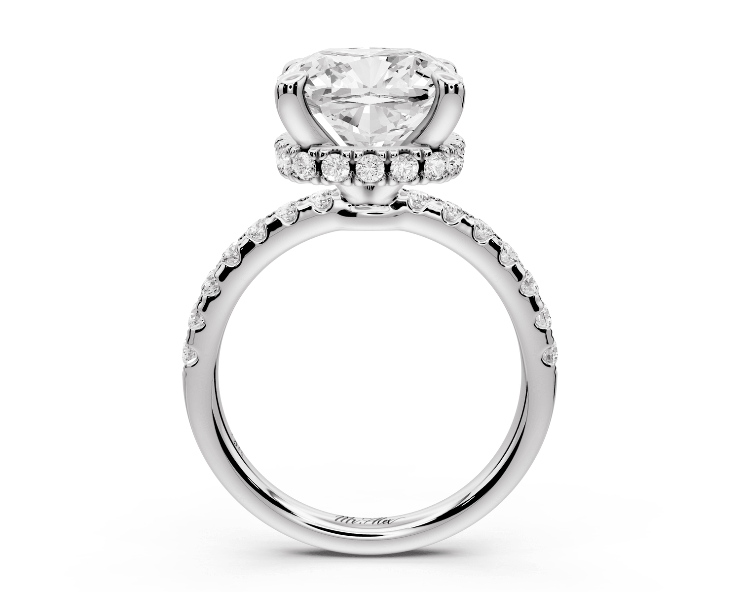 Arina - 5ct 14k white gold cushion Diamond with a wrap around halo and pavé engagement ring - Mr. Alex Jewelry